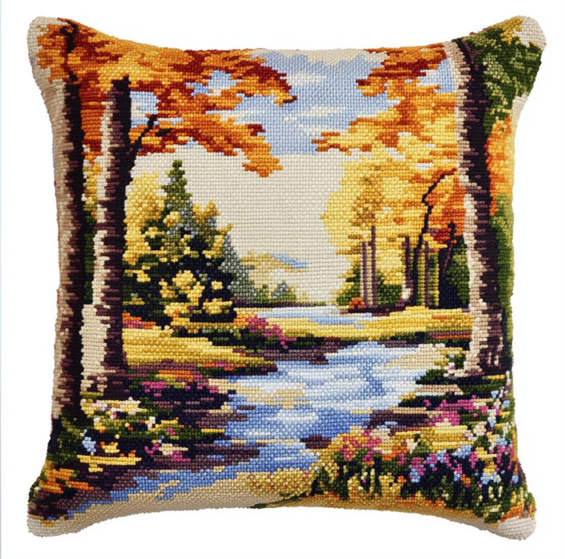 Kitquiver Latch Hook Cushion Craft Kits Forests River Scenery DIY Latch Hook Kits Pattern Printed Throw Pillow Case Cushion Cover for Adults and Beginners 17x17In