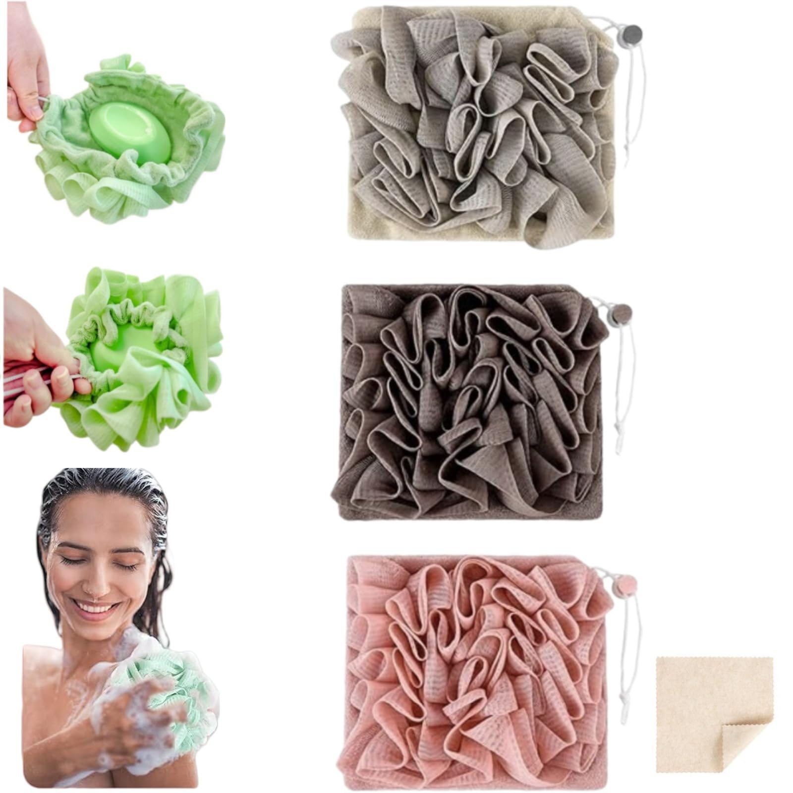 Washcloth Loofah Combo 2-in-1 Loufee Wash Cloth That Holds Bar Soap-Exfoliation Mesh Shower Ball for Body Wash&Smooth Skin+Free Loofah Dish Towel