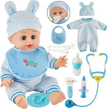 HERSITY Baby Doll Boy Kids Doctors Set, 13 Inches Interactive Talking Doll Open Close Eyes with Feeding Accessories Doctor Pretend Play Toys Girls Boys Kids Gifts age 2 3+ 4 5, Blue