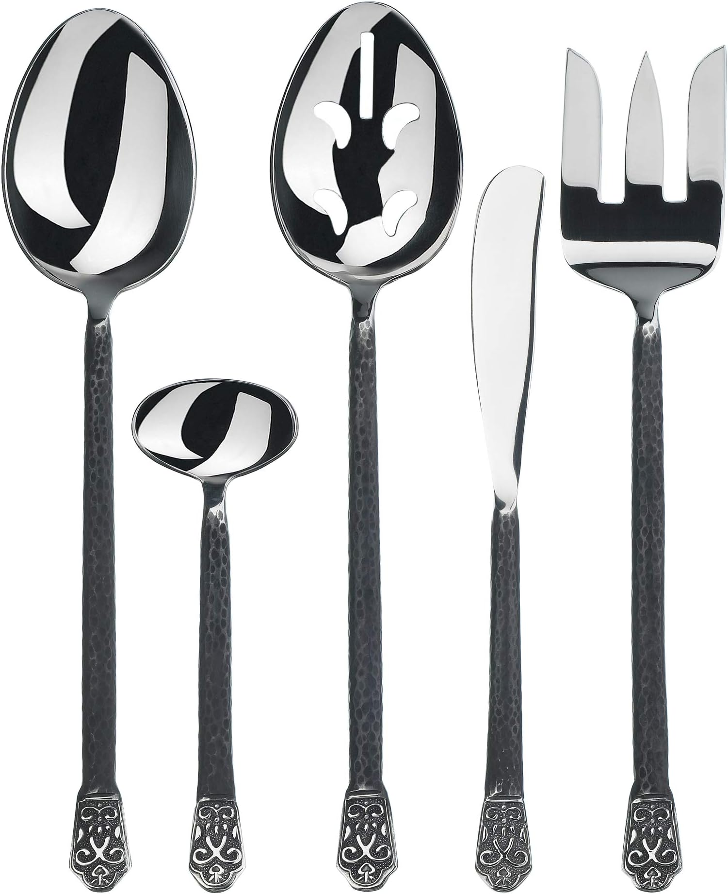 Gourmet Settings 5-Pieces Hostess Silverware Avalon Collection-Matte/Polished Metal Flatware Serving Set Stainless Steel Kitchen Utensils Knife/Fork/Spoons