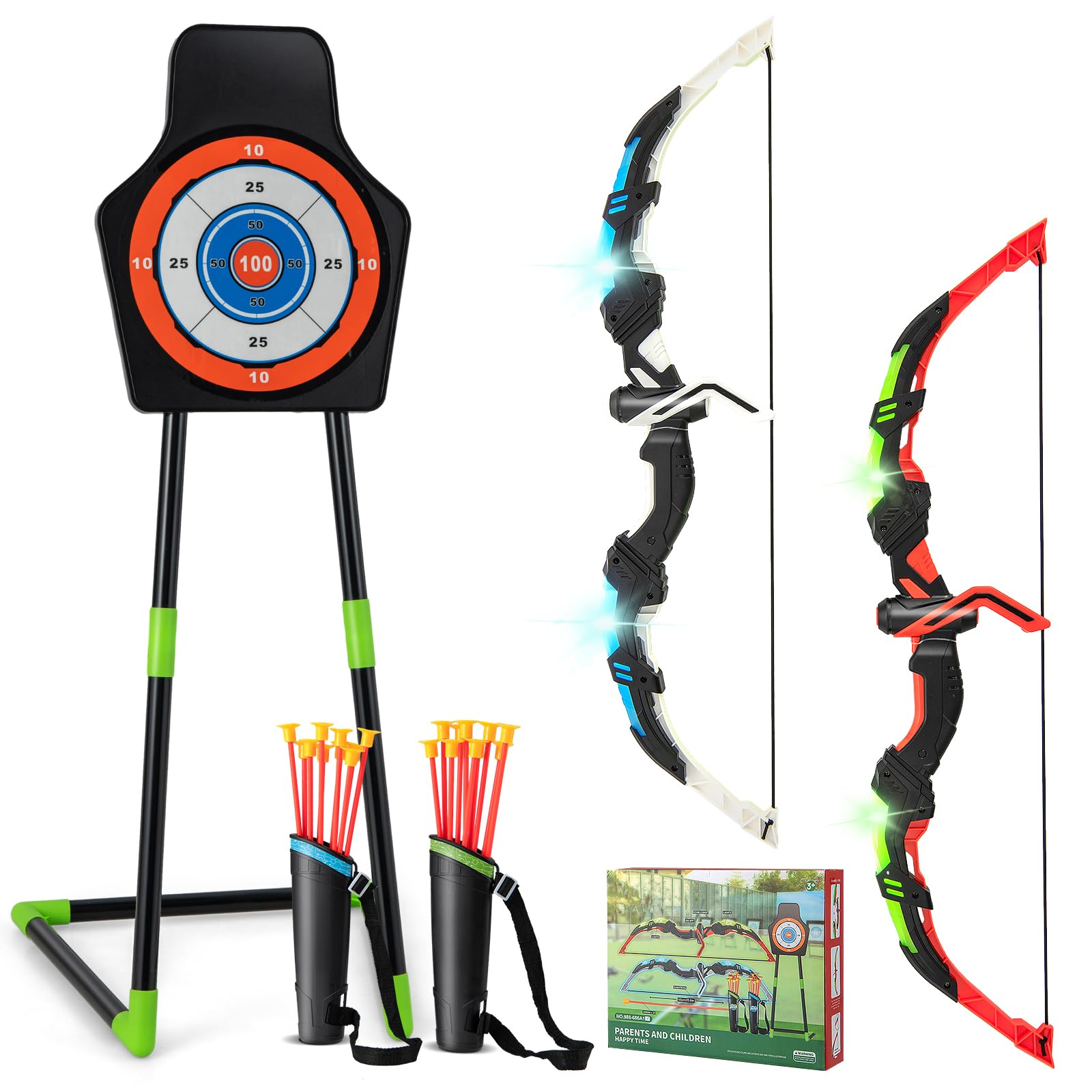 COSTWAY Arc et Flèche pour Enfants avec Lumières LED, Ensemble de Tir à l'arc avec 20 Flèches, 1 Cible Debout/Suspendue et 2 Carquois, Jeu de Tir Intérieur Extérieur pour Garçons Filles de 3 Ans+
