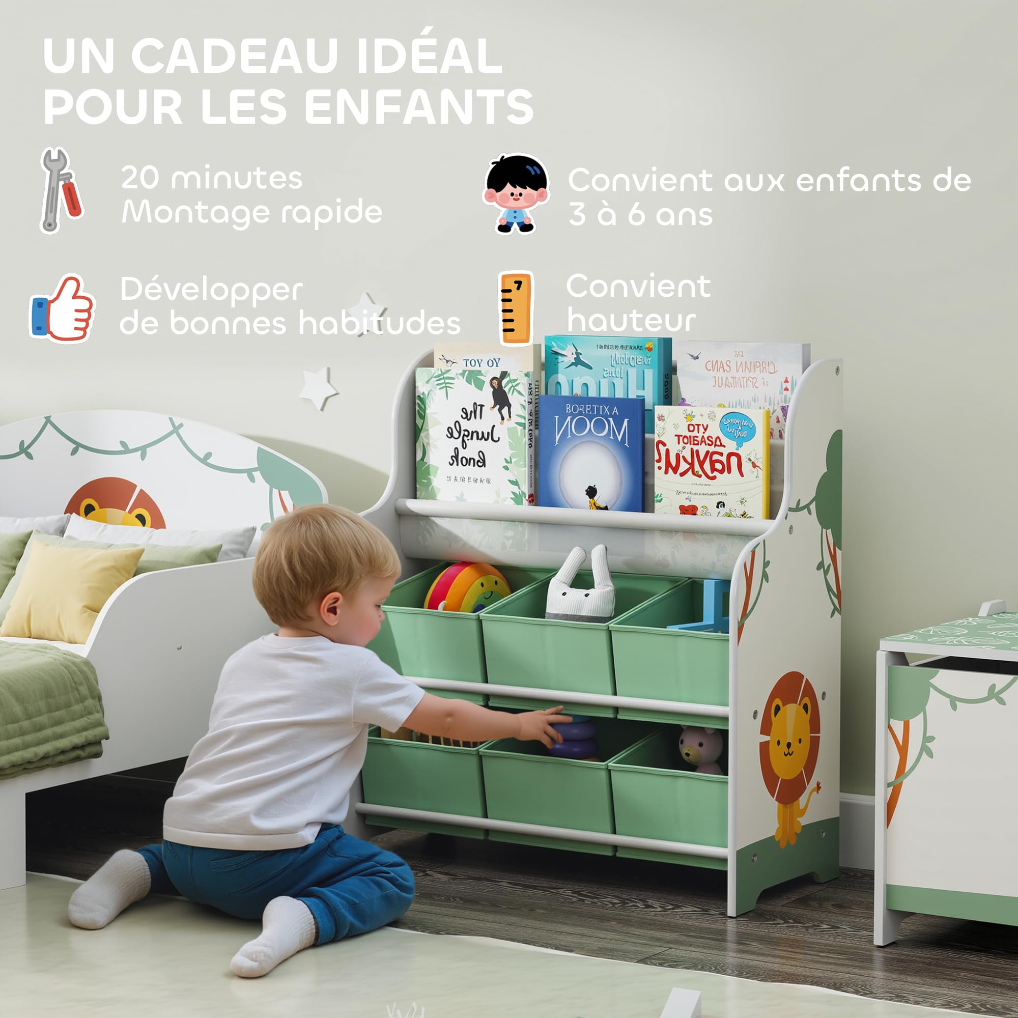 AIYAPLAY Meuble Rangement Enfant, Rangement Jouet Enfant, 6 tiroirs en Tissu et étagère à Deux Niveaux, bibliothèque pour Chambre ou Salle de Jeux, 63x30x71cm, Vert