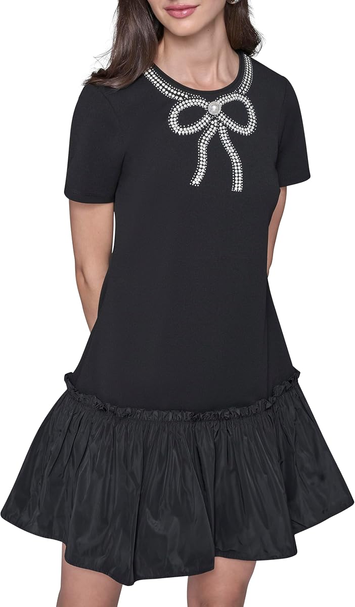 Karl Lagerfeld Women's Short Sleeve Embellished Scuba Crepe Dress