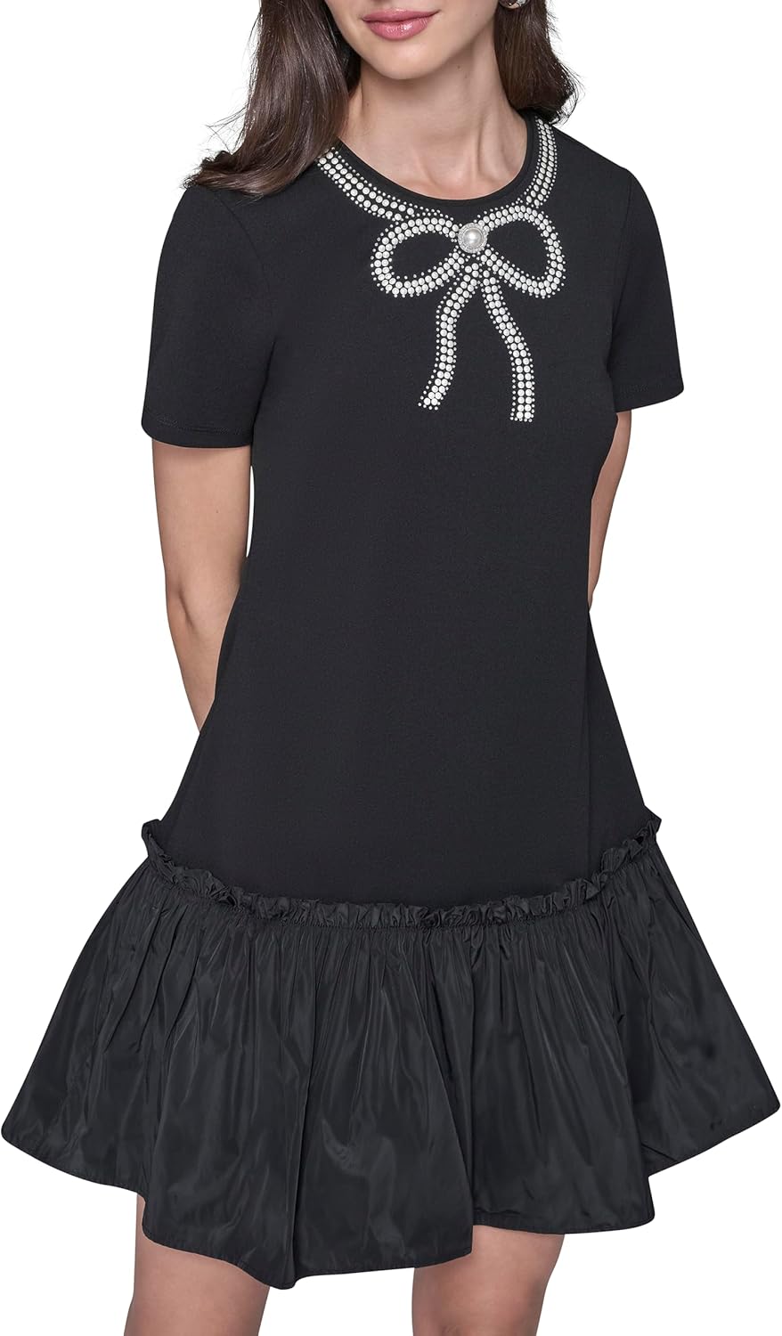 Karl Lagerfeld Women's Short Sleeve Embellished Scuba Crepe Dress