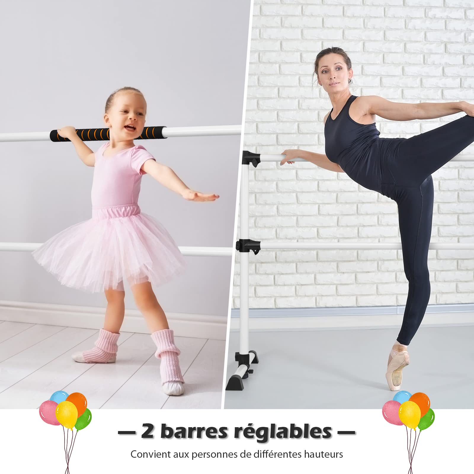 COSTWAY Double Barre de Danse Classique pour Stretching avec Barre Amovible Hauteur Réglable