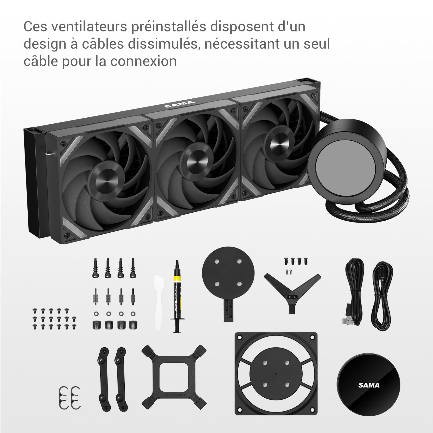 SAMA Q70 Disipador de CPU AIO de 360 ​​mm con pantalla LCD de 2,8", extraíble magnéticamente,ventiladores modulares XT120, aspas LCP, soportes adicionales, 115X, 2011, 1200, 1700, 1851, AM4, AM5 negro