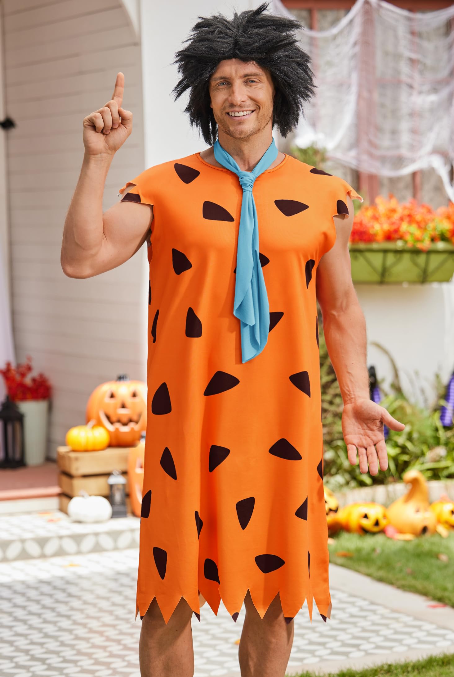 Mainfini Fred Funny Costume Caveman All Hallows Eve Masquerade Theme Party Orange Tunic Tie Wig Inflatable Club Cartoon Characters Classic Cosplay suit XL - Image 3