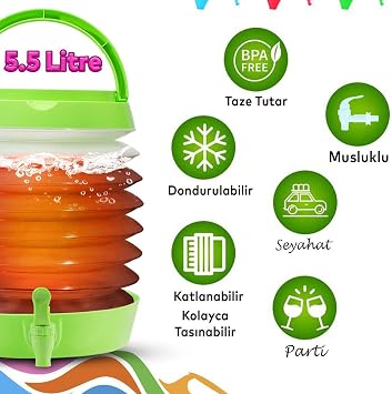 Pratik Su Sebili Taşınabilir Katlanabilir Termos Çeşmeli Körüklü 5.5 Litre Piknik Kamp Su Ayran Meşrubat İçecek Bidonu Yeşil
