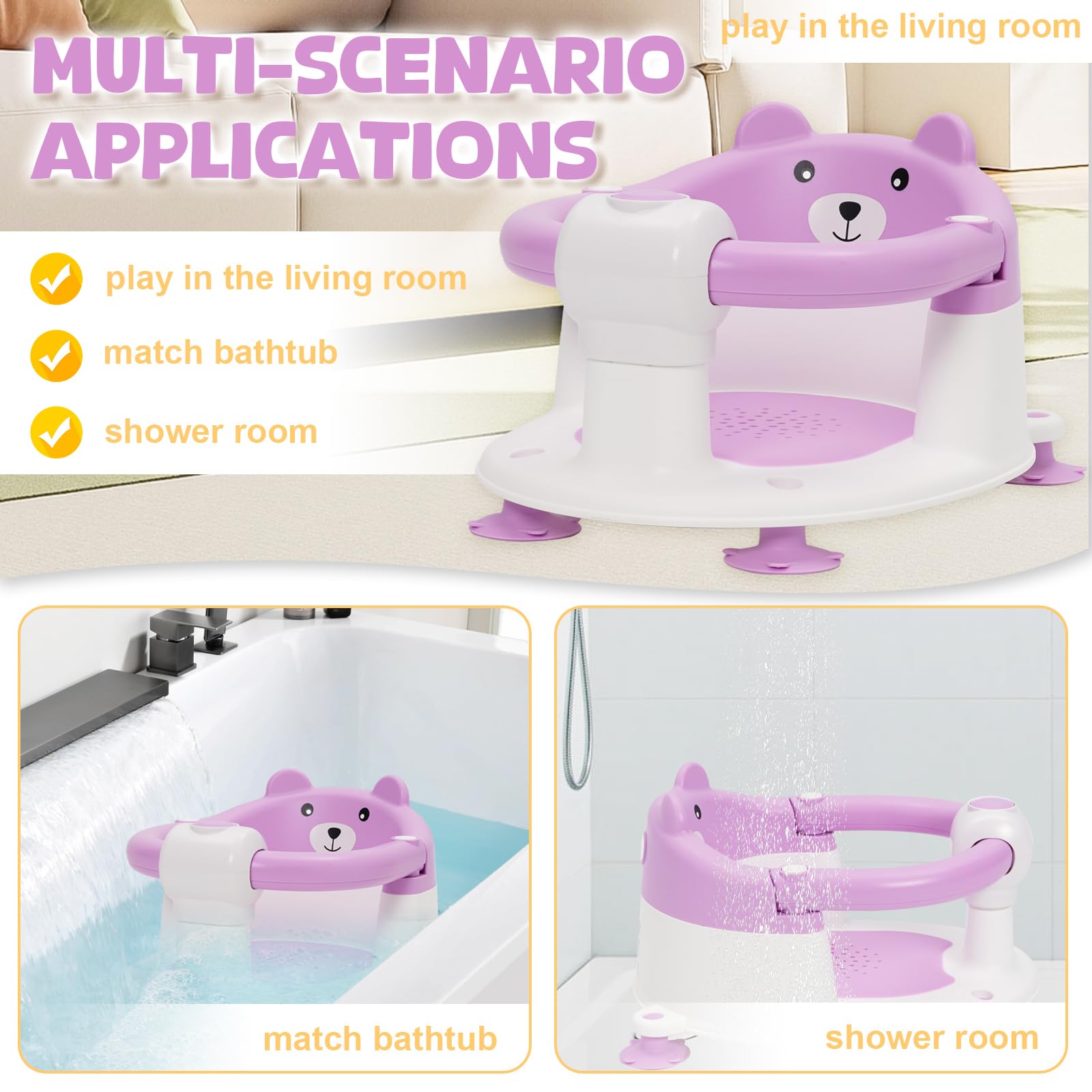 Chaise de Bain pour Bébé 6-24 Mois, Siège de Bain avec Ventouses, Antidérapant Violet