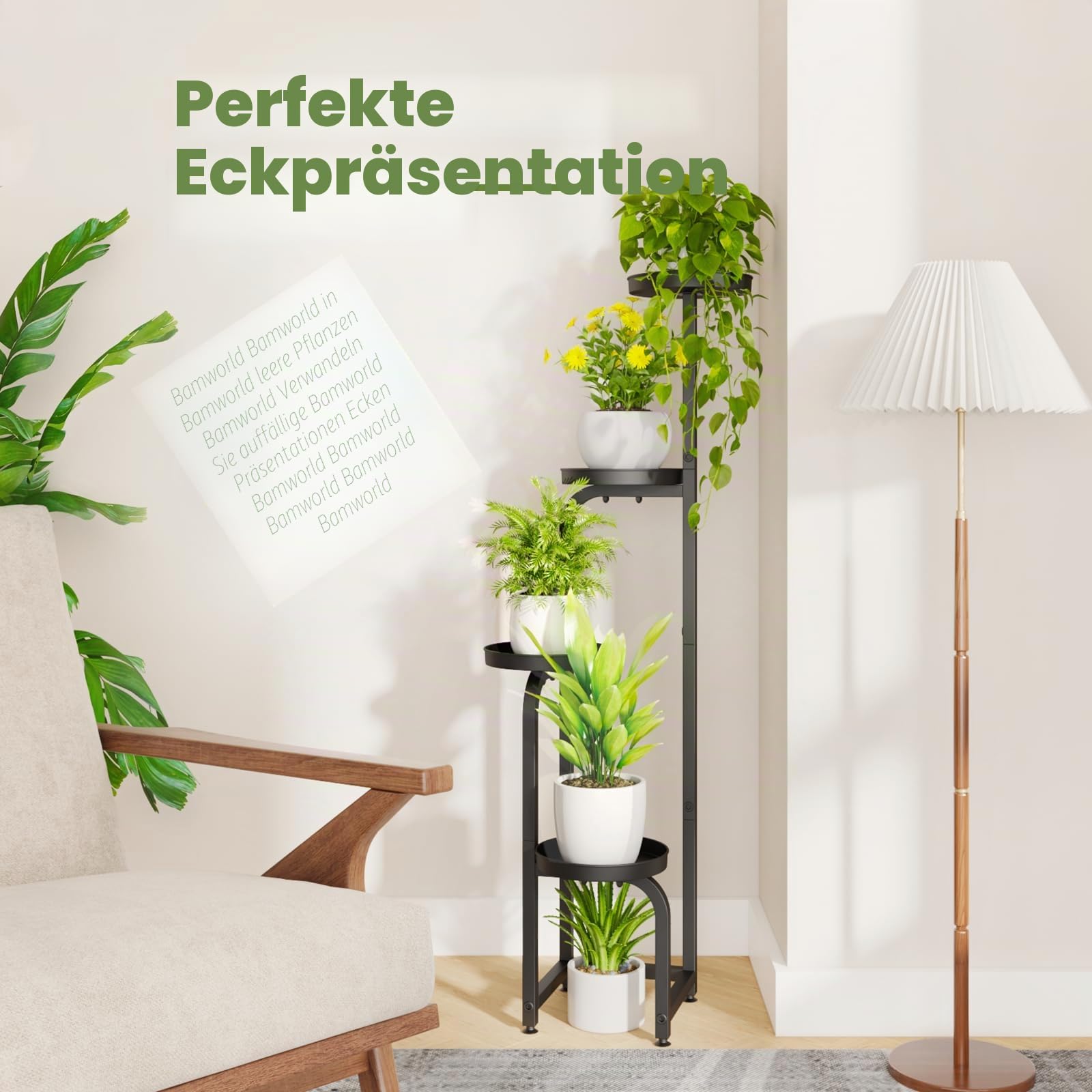 Bamworld Blumenständer Metall Schwarz Pflanzenständer Blumentreppe Indoor 4 Etagen robustes Pflanzenregal für Terrasse Garten Balkon Wohnzimmer Schlafzimmer