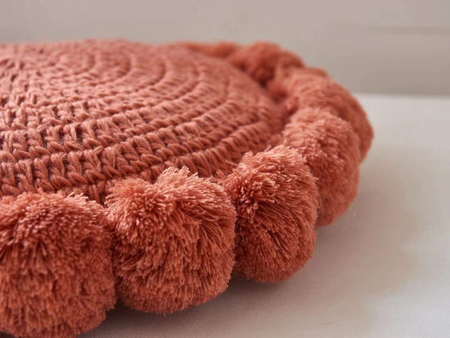 Boho Round Throw Pillow with Pom Poms Fringe Tassels, Bohemian Cute Decorative Circular Pillow with Knitted Texture for Sofa Chair, Acrylic Diameter 18 inches, Orange