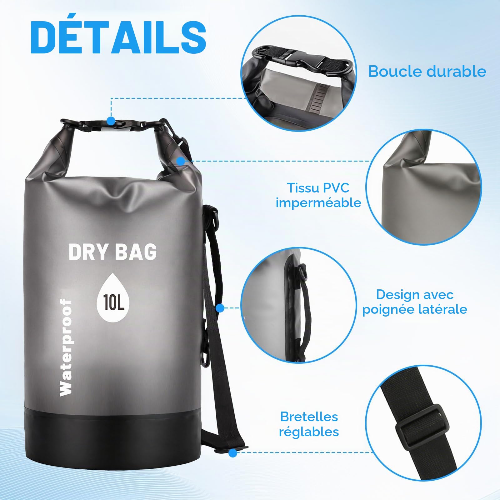 Dry Bag Sac à Dos Étanche 10L avec Sac Banane et Pochette Téléphone | PLCatis Sac Étanche Imperméable pour Bateau Kayak Rafting Camping Sports Nautiques avec Accessoires de Protection Noir