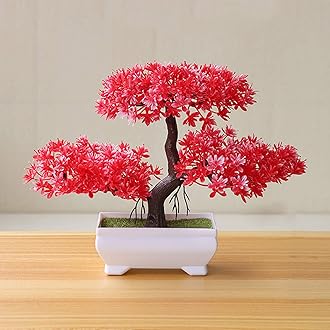 Gemini_mall Artificial Bonsai Cedar, Welcoming Pine Emulate Bonsai Simulation Decorative Artificial Flowers Fake Green Pot Plants Ornaments Home Decor Red