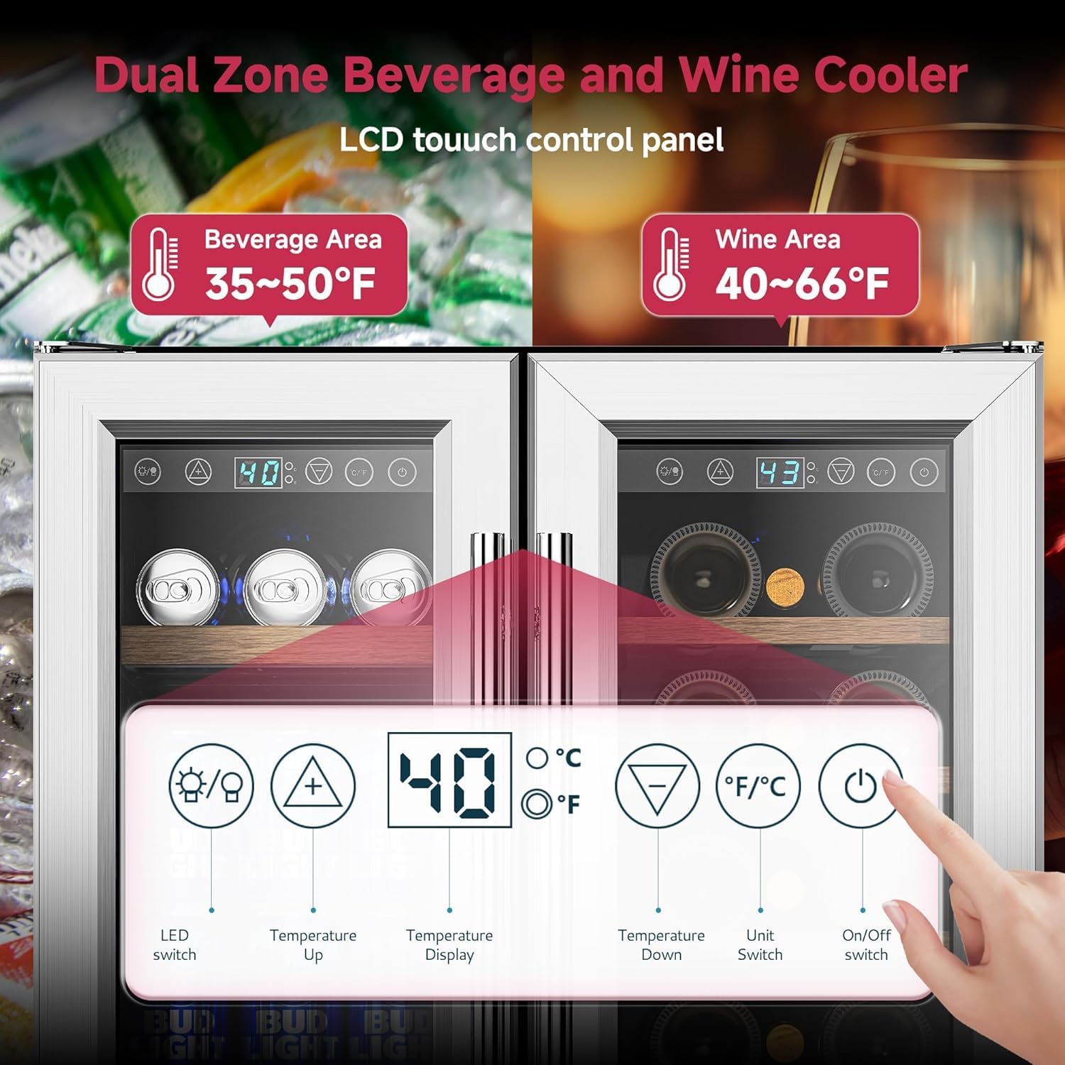24" Wine and Beverage Refrigerator, Dual Zone Wine Cooler with Glass Door, Hold 88 Cans & 21 Bottles, Built in or Freestanding Under Counter Wine Fridge with Blue LED Light.