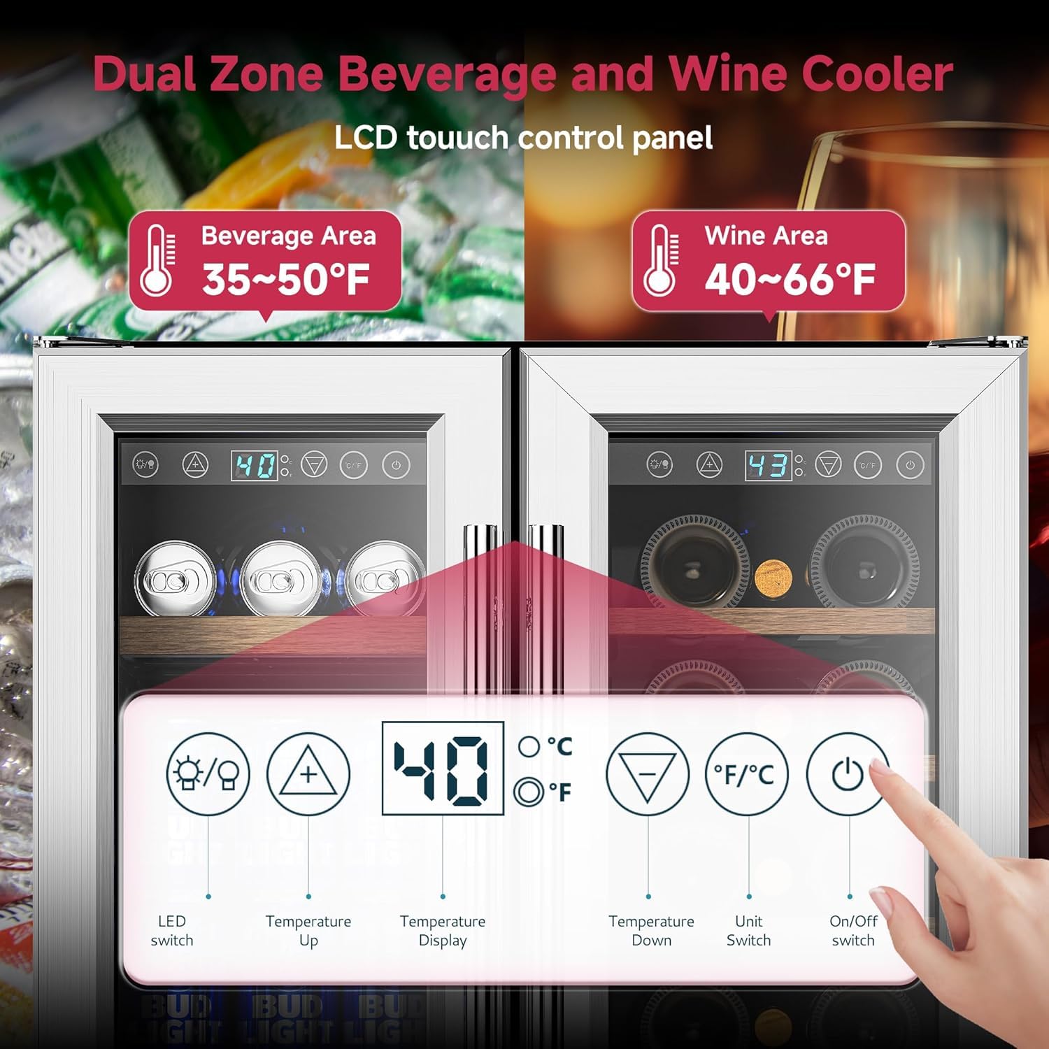 Icyglee 24" Wine And Beverage Refrigerator, Dual Zone Wine Cooler With Glass Door, Hold 88 Cans & 21 Bottles, Built In Or Freestanding Under Counter Wine Fridge With Blue LED Light. on Fridge.com - View 2