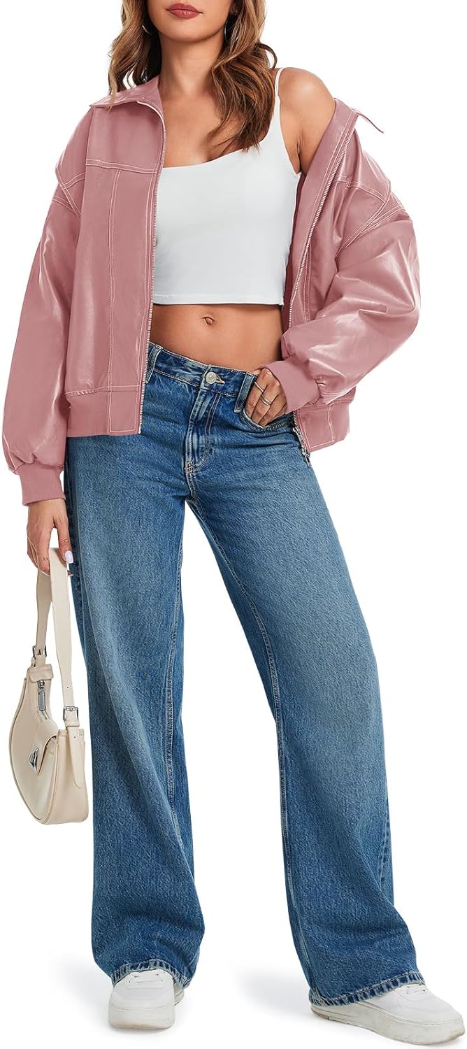 Tankaneo Womens Oversized Leather Bomber Jackets Cap Sleeve Zip Up Motorcycle Coats with Pockets - Image 7