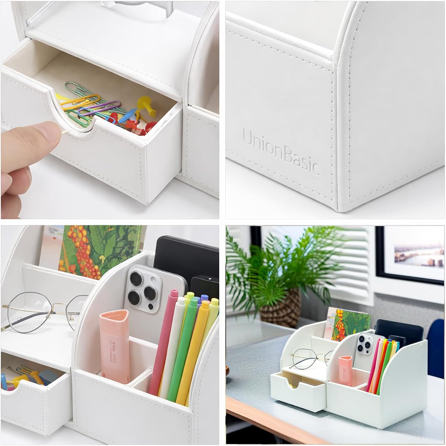 UnionBasic Desk Organizer - Multifunctional Leather Desktop Pen Holder Storage Box - Business Card/Pen/Pencil/Mobile Phone/Stationery Holder, White image 3