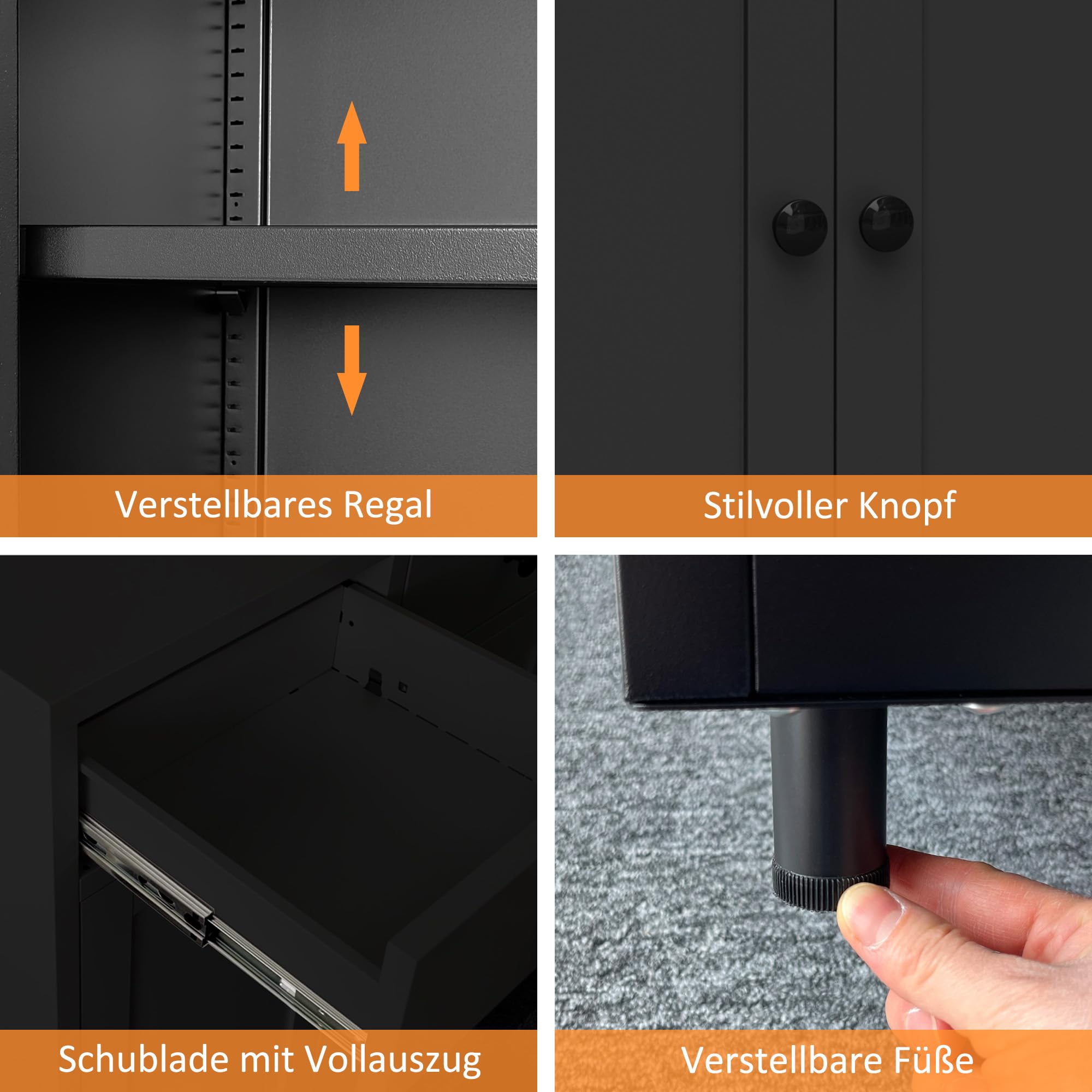 Aktenschrank Büroschrank Lagerschrank Metallschrank Stahlschrank Mehrzweckschrank Buffetschrank Flurschrank, Aufbewahrungsschrank aus Metall mit 2 Schubladen und Verstellbarem Regal (Schwarz)