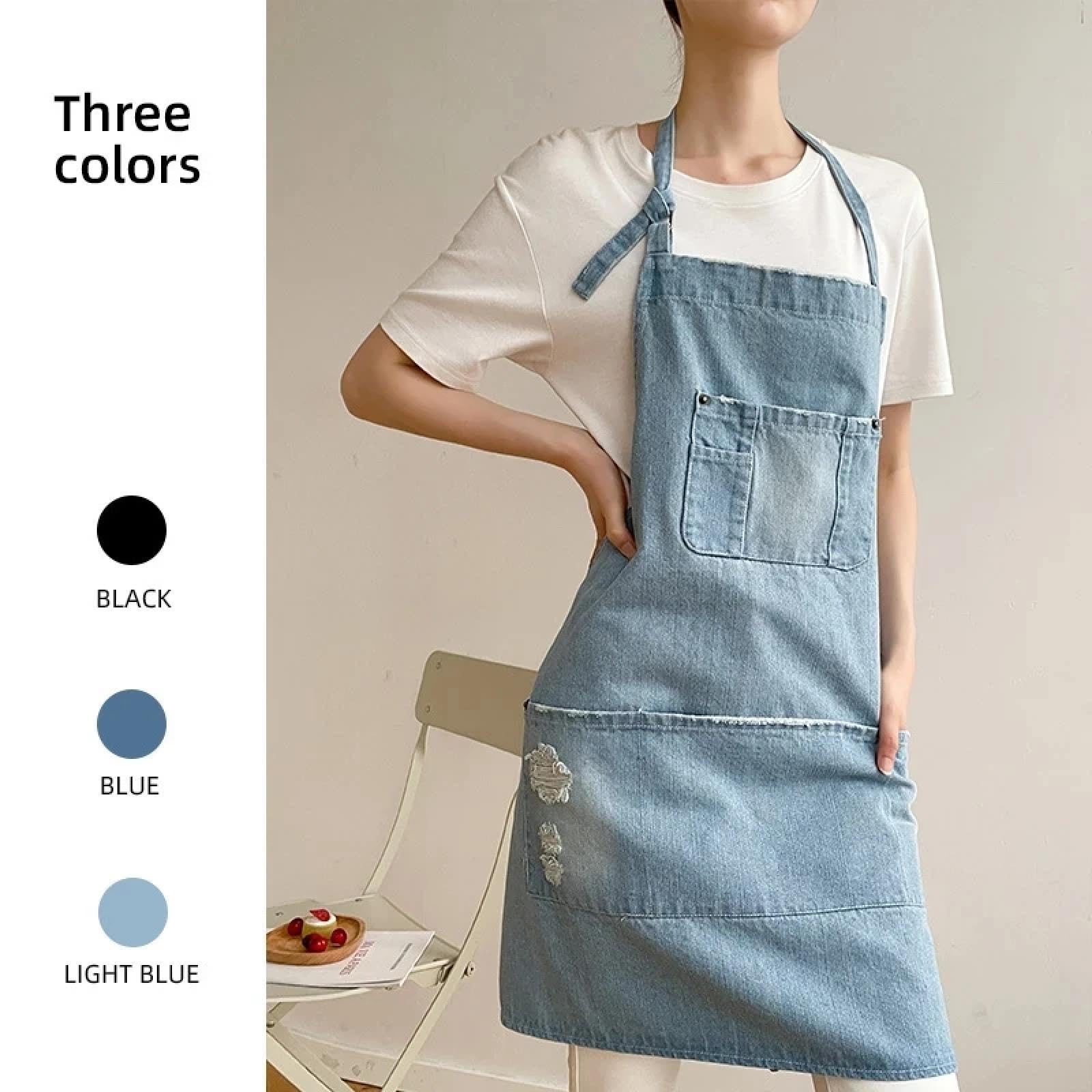 Delantal Cocina Baberos Delantal De Mezclilla Grueso para Mujer con Bolsillo Jean para Mujeres Hombres Estilista Barista Cafetería En Hermoso