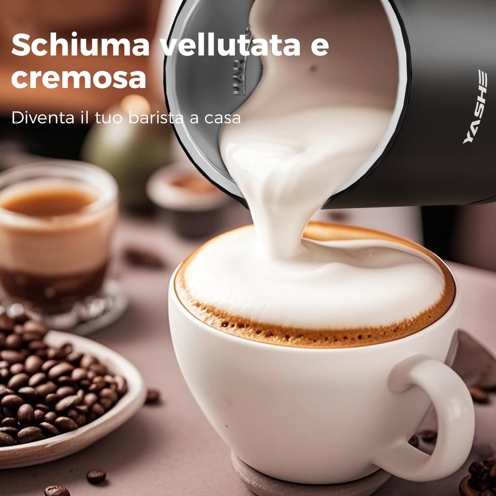 YASHE Montalatte Elettrico 4-in-1, 300ml Schiuma Latte Calda/Fredda, Cappuccinatore, Rivestimento Antiaderente, Ideale per Cappuccino, Macchiato, Caffè Latte e Cioccolata Calda, 500W