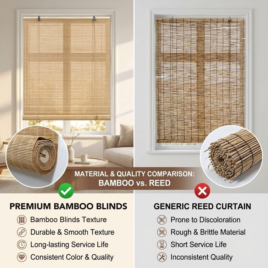 Bamboo Blinds for Interior Windows, Custom Bamboo Shades for Indoor Windows, Roller Shades for Indoor Window and Outdoor Patio, Easy to Install for Decks, Porches, Backyards