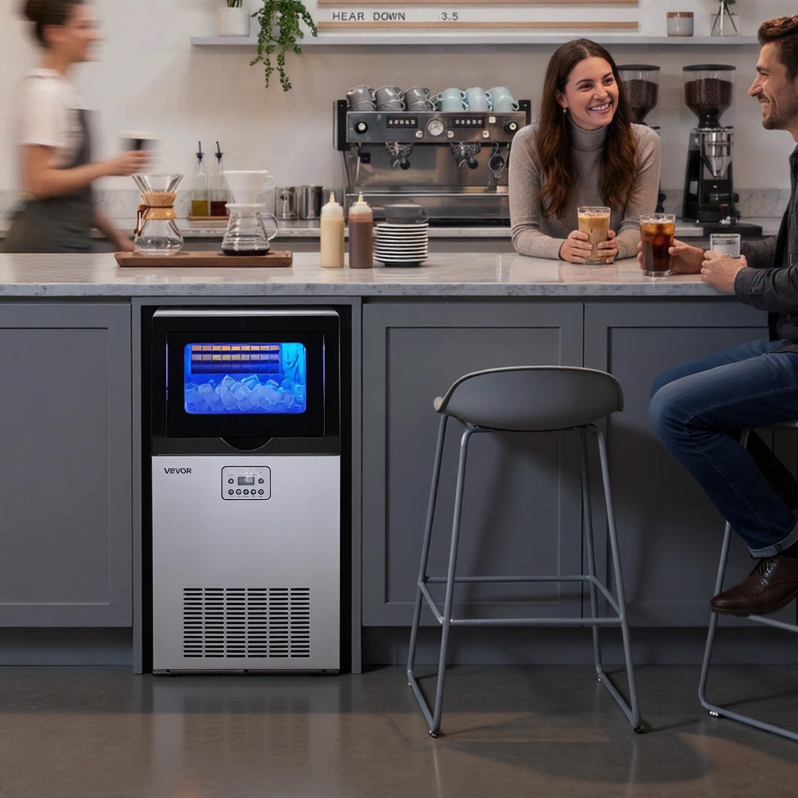 vevor commercial ice maker machine, 100 lbs/24h with 30 lbs storage capacity, built-in/freestanding/under counter, stainless steel ice maker with led display & self-cleaning, for home bar restaurant
