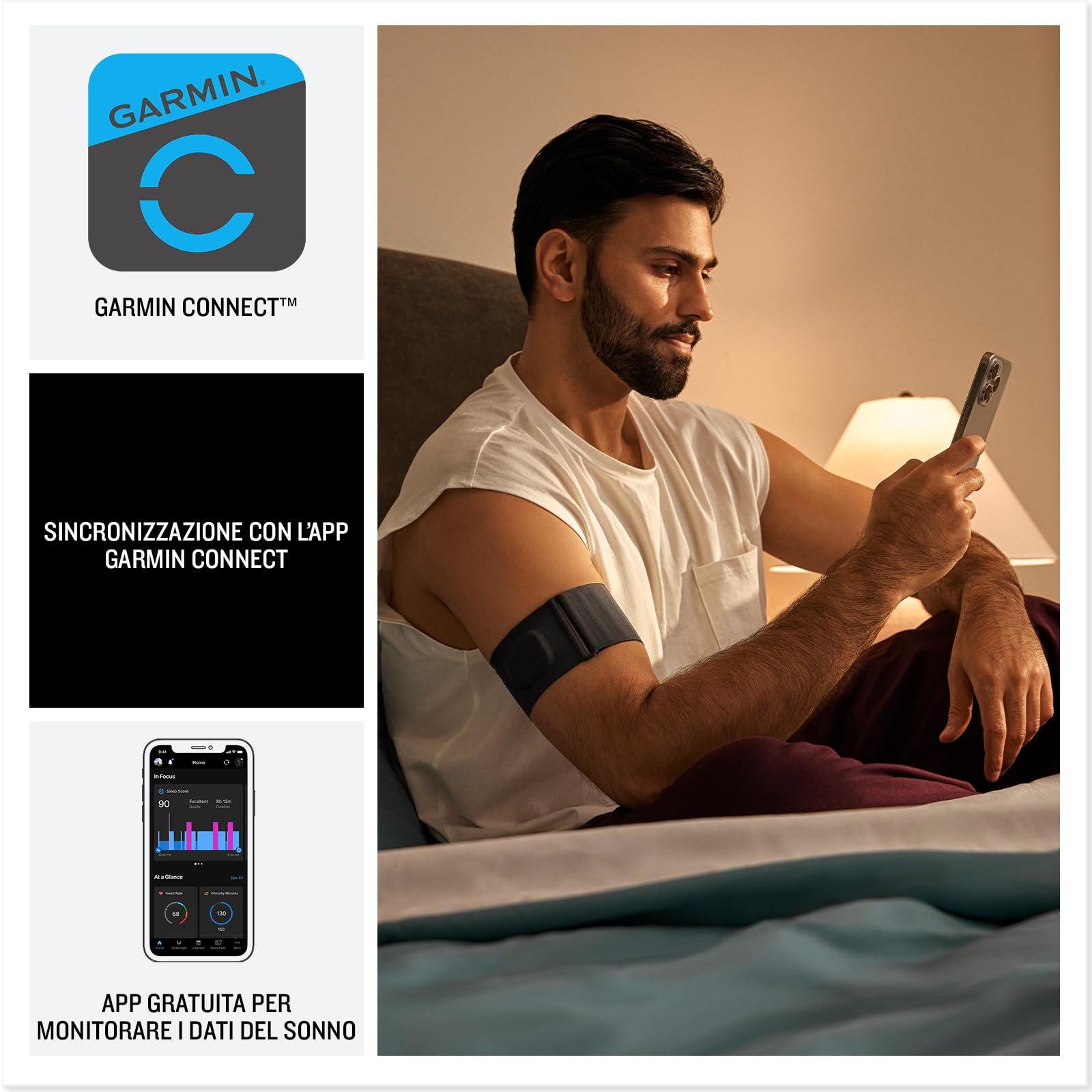 Garmin Index Sleep Monitor, Fascia da Braccio, Monitoraggio del Sonno, Fasi, Durata, Sleep Score, HRV, Saturazione, Temperatura Cutanea, Sveglia a Vibrazione, Autonomia fino a 7 notti (L/XL)