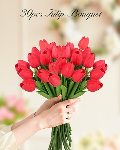 Miniatura 5 de MACTING 30 flores de tulipanes artificiales, 13.7 pulgadas, ramo de tulipanes falsos de poliuretano de tacto real, flores de primavera para arreglos