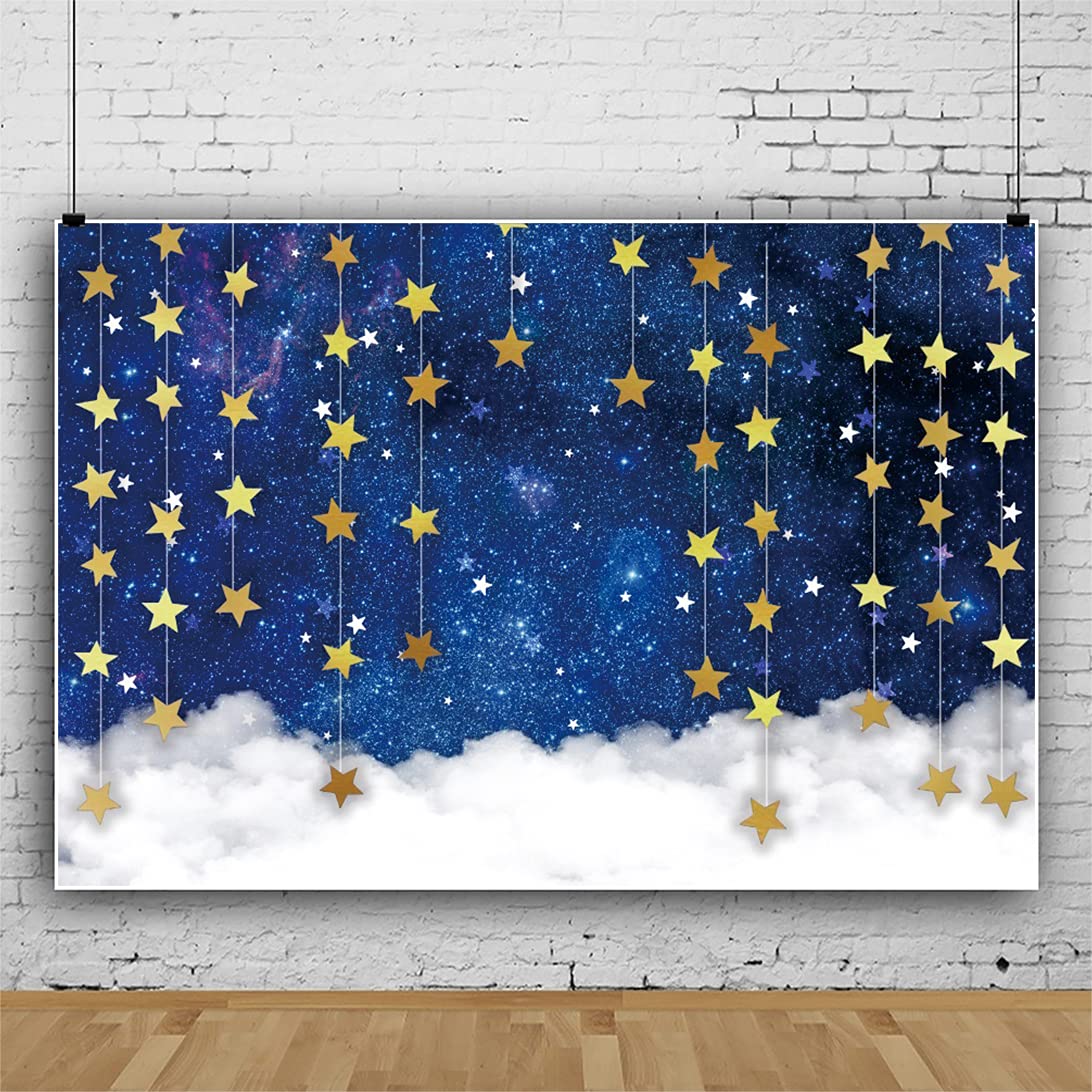 Cielo Stellato Sfondo 600x300cm Oro Stelle Nappa Nuvole Bianche Fotografia Sfondo Scintillio Scintillio Piccole Stelle Festa di Compleanno Fotografia Sfondo Baby Shower Banner
