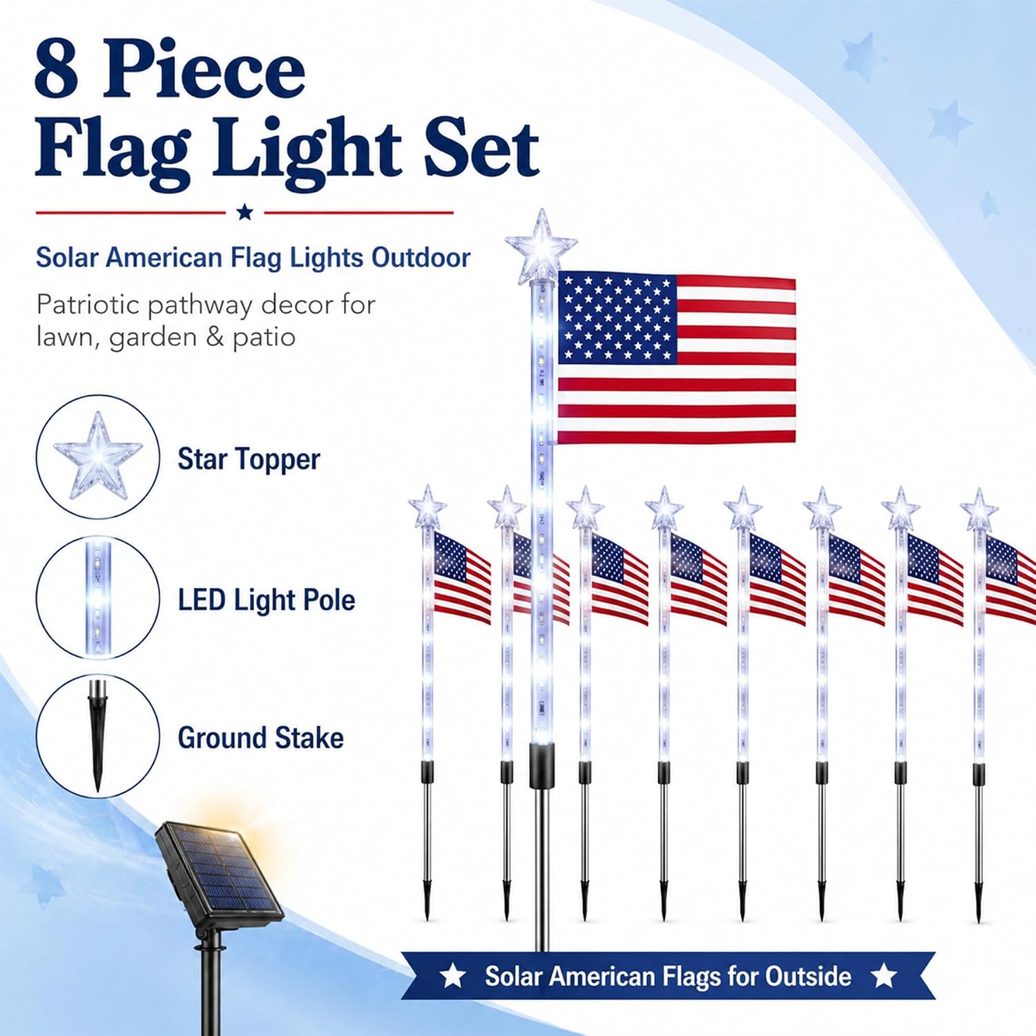 8 Pack Solar American Flag Lights Outdoor, Weather-Resistant Patriotic Pathway Stake Lights with 8 Modes, Red White Blue Solar Flag Lights for Yard Garden Walkway, 4th of July Decorations (Style A)