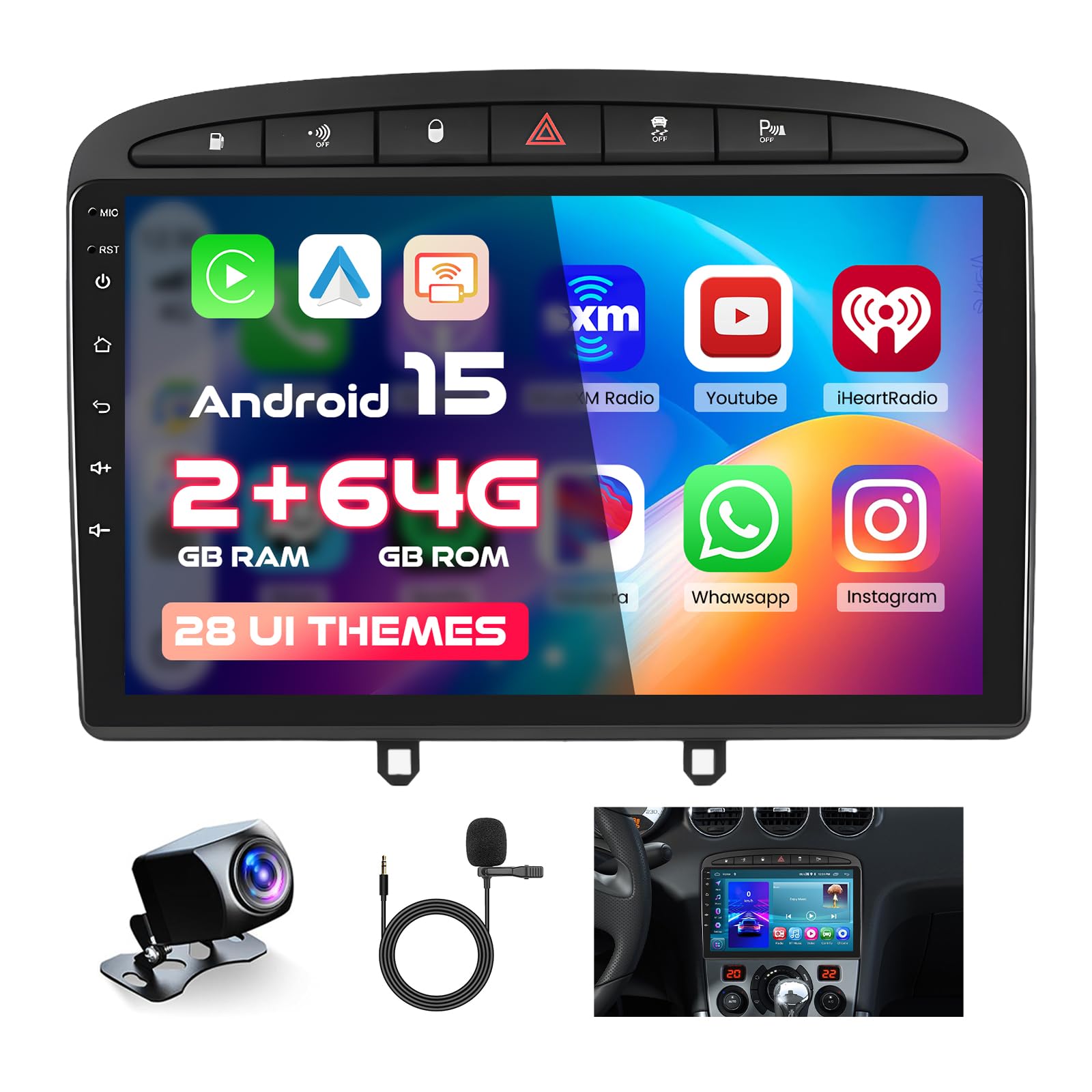 Hikity 2+64GB Android 15 Radio Coche para Peugeot 308 408 2007-2015 CarPlay Android Auto Inalámbrico Bluetooth Manos Libres Auto Radio con 9" Pantalla Táctil WiFi GPS