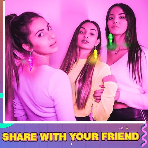 Miniatura 6 de Kenning 3 pares de aretes luminosos de los años 80 y 90 con luces LED de neón para mujer, retro para atuendo de los años 80, accesorios de fiesta