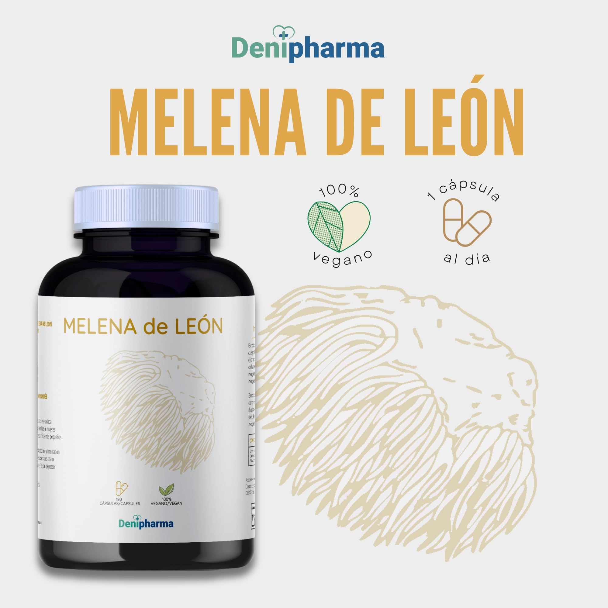 Melena de León - Nootrópico Natural – Mejora Memoria, Enfoque y Claridad Mental – Suplemento para Salud Cognitiva y Sistema Nervioso – 180 cápsulas | DENIPHARMA