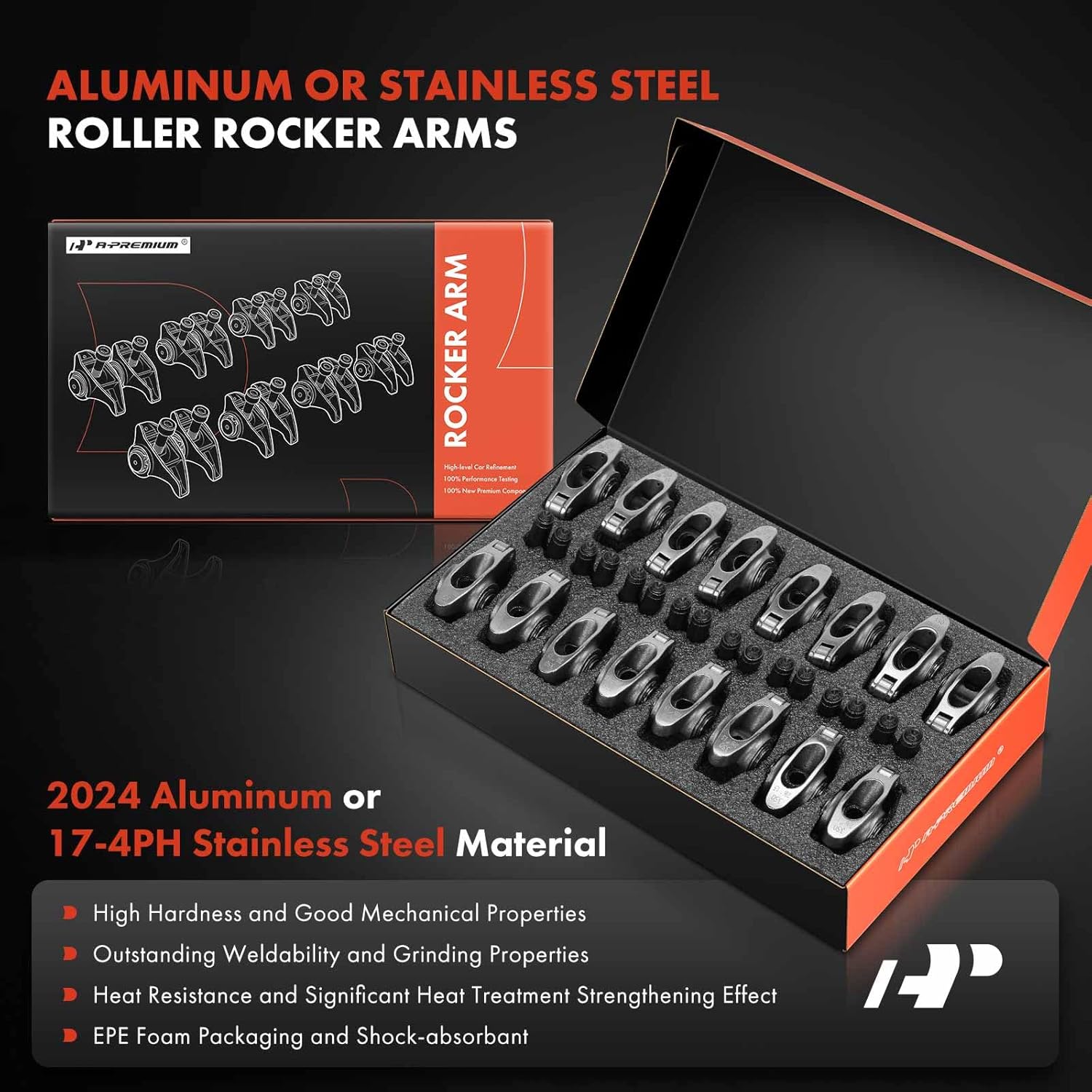 A-Premium 16Pcs Stainless Steel Engine Roller Rocker Arms Kit with Needle Bearings Compatible with Small Block Chevy SBC 350, 1.5 Ratio, 7/16" Studs