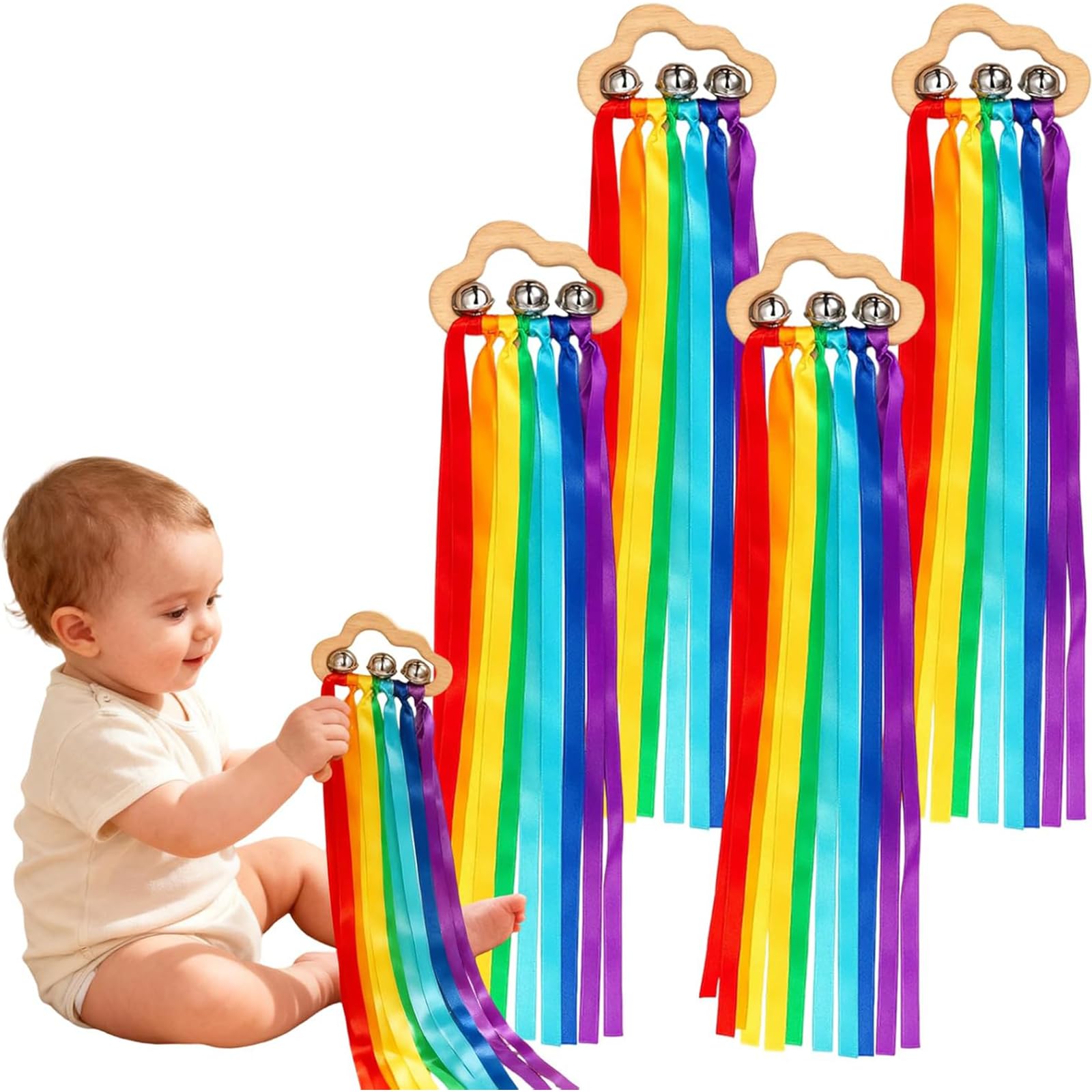 4 PCS Baby Rattle, Wooden Ribbon Baby Rattle, Wooden Baby Toys, Sensory Toy, Sensory Wooden Ring Baby Toys