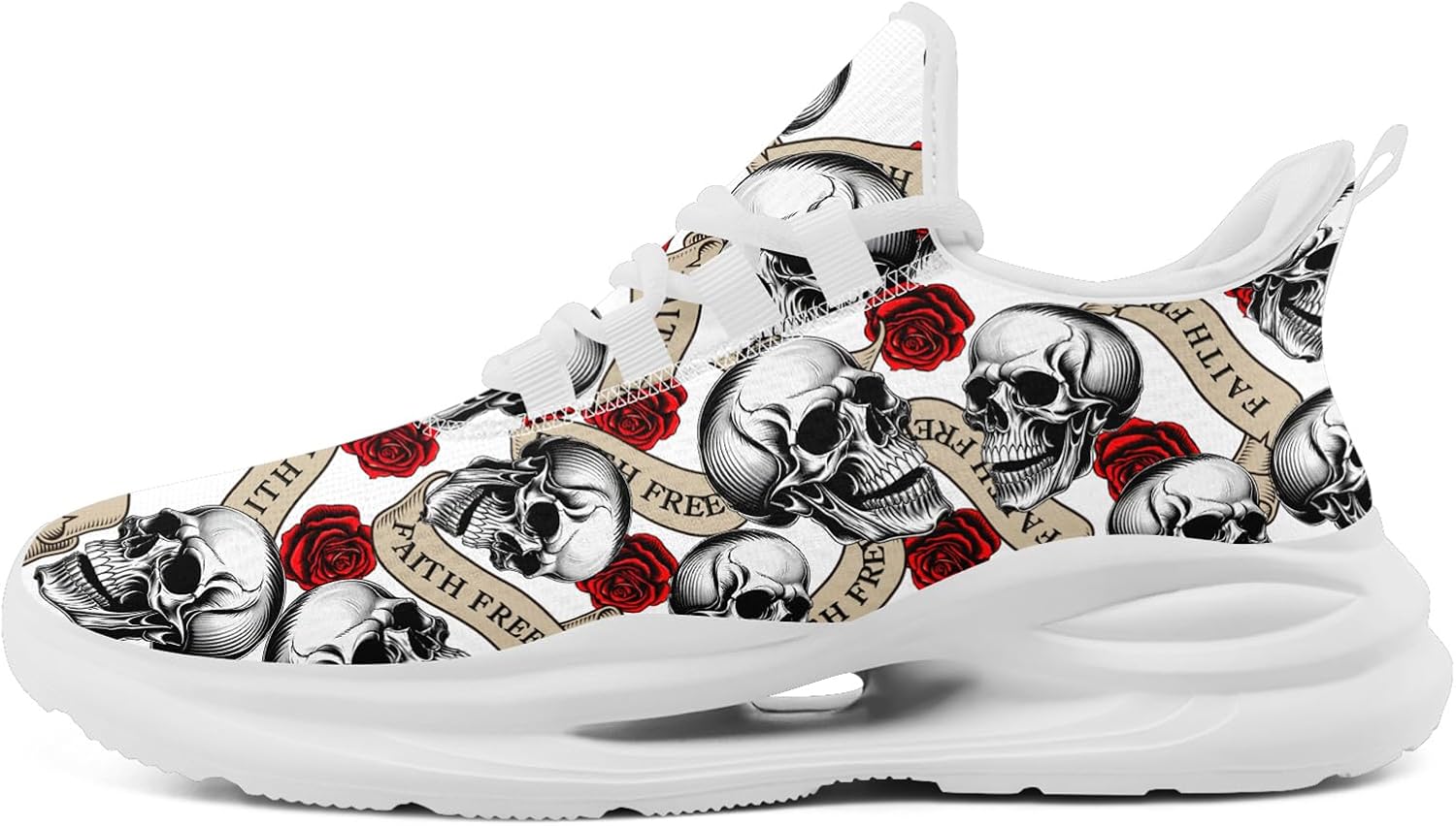 Women's Skull & Rose Running Shoes Trendy Floral Sneakers with Cool Design Comfort Breathable Mens Athletic Gym Walking Shoes