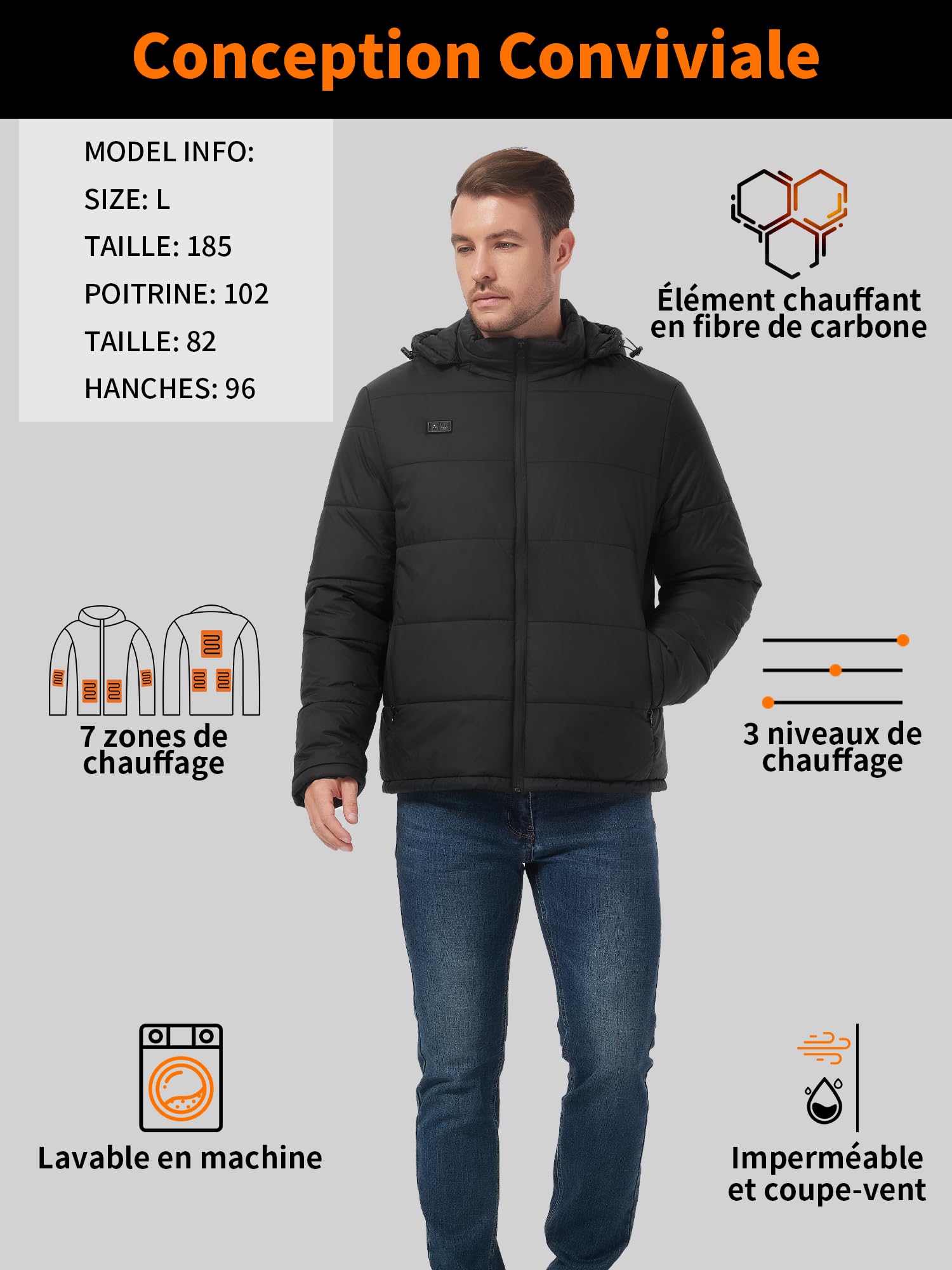 Chauffante Veste avec Batterie 7.4V 16000 mAh, Doudoune Chauffante Homme Femme 7 Zones de Chauffé Gilet Veste Electrique Chauffante, Vêtements Chauffant Blouson Chauffant Manteau Veste avec Capuche