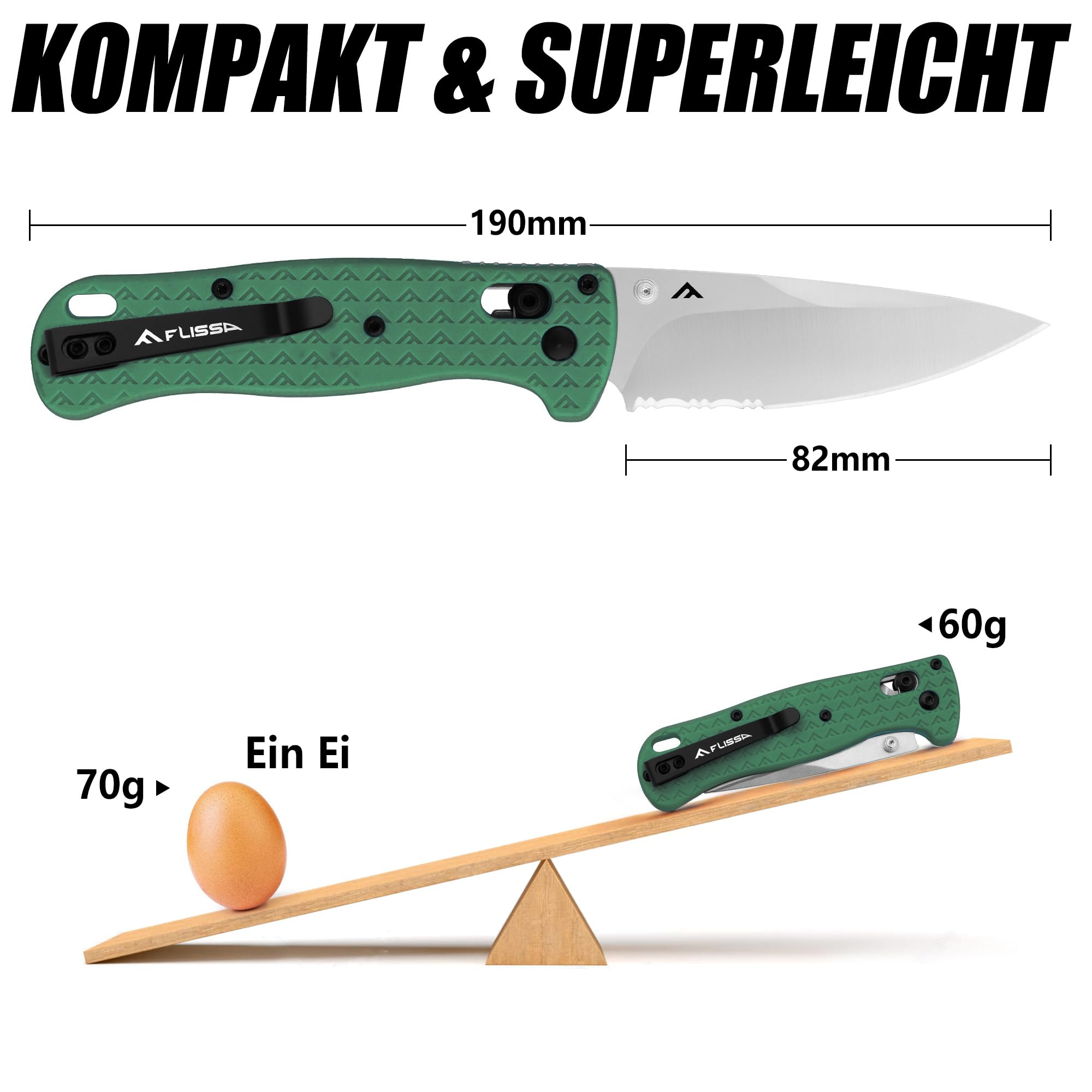 FLISSA Taschenmesser Klappmesser, AUS-8 Edelstahl, Scharfes Outdoor Messer mit Taschenclip, Klappbares Taschenmesser EDC Messer für Outdoor Jagd Camping, Grün