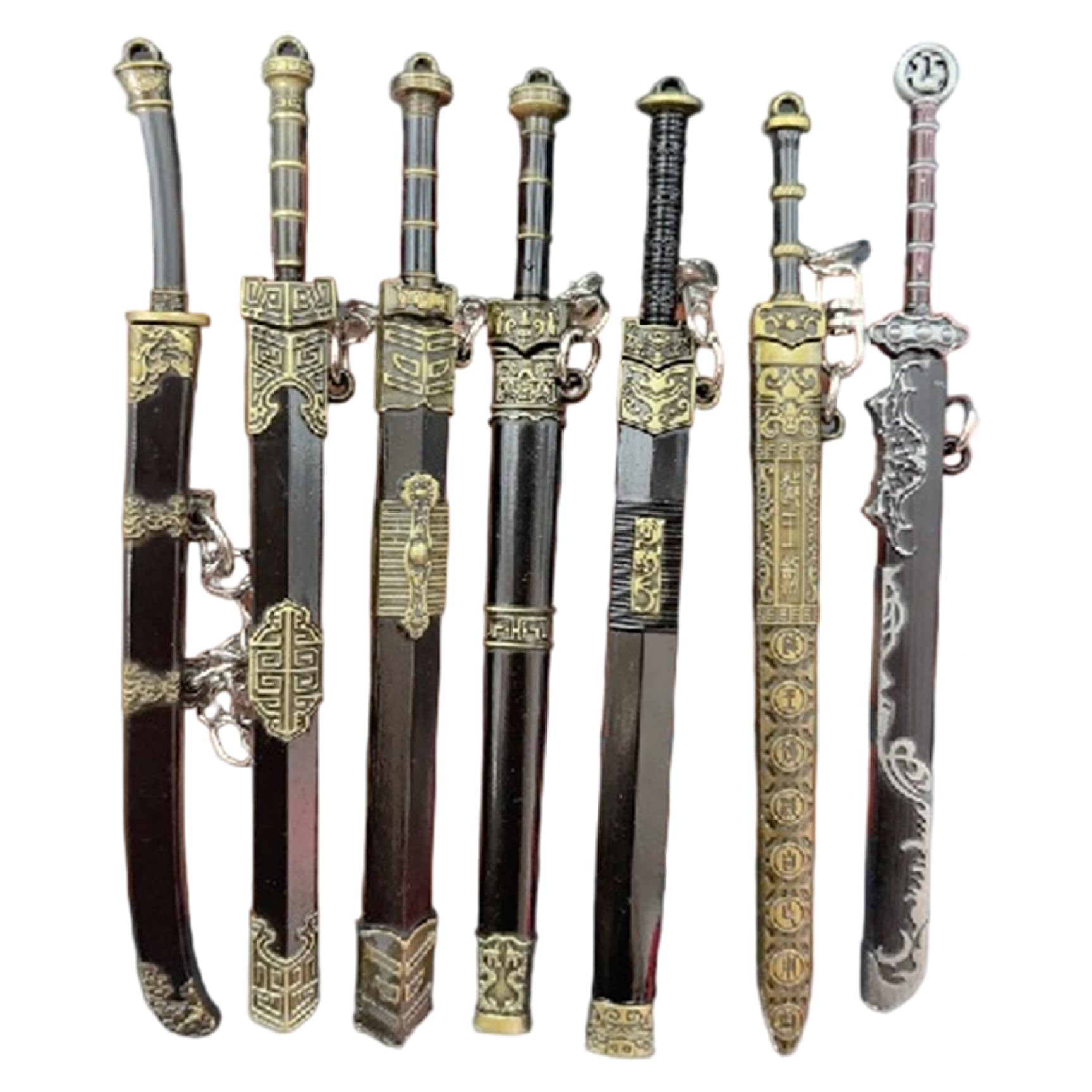 DAGLLGEW 7Pcs Mini Sword with 1Pc Display Bracket 5 Inch Chinese Ancient Sword Keychain Deocrative Hanging Charm for Purse, Backpack, Key Purse Charm Keychain