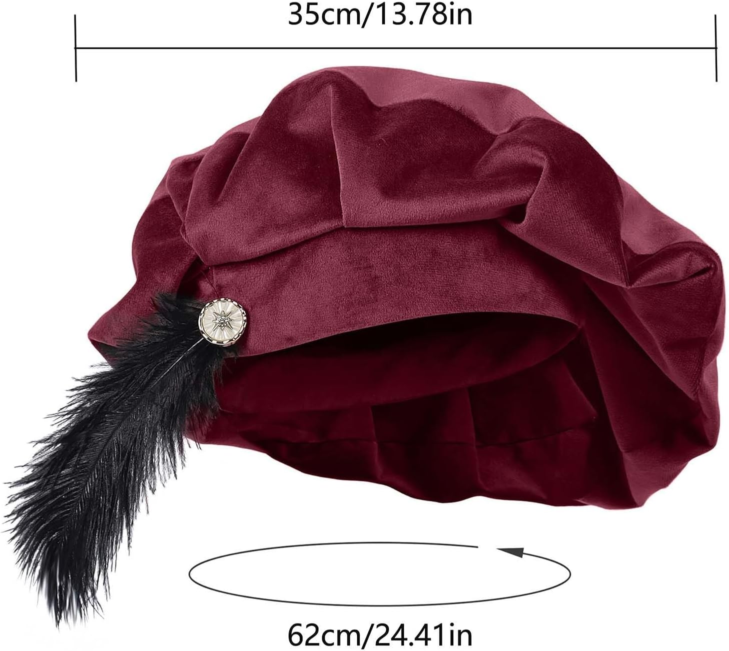 Women’s Oversized Velvet Beret Hat Vintage Renaissance Tam Cap with Feather for Medieval Costume Party Wear