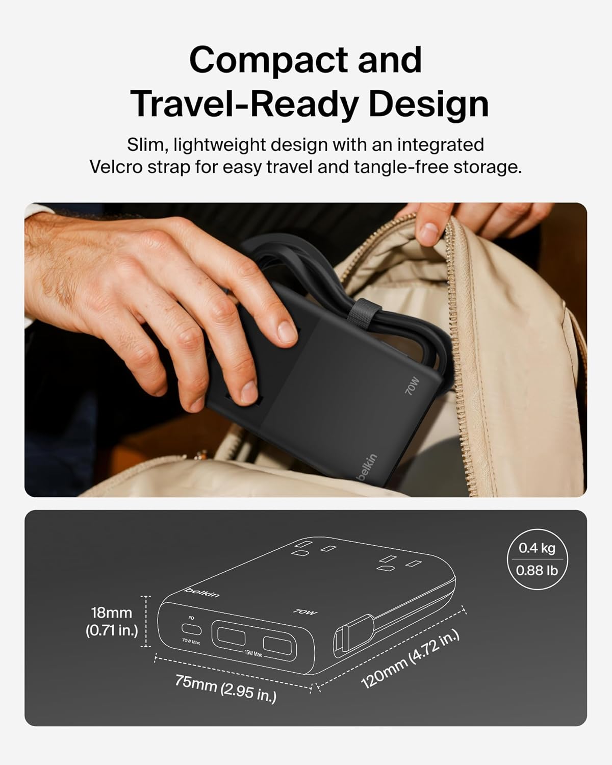 Belkin Travel Power Strip 70W, 6-in-1 GaN Charging Station USB C Charger w/ 2 AC Outlets, 2 USB A Ports, Integrated USB C Cable - Power Strip for iPhone, Apple Watch, iPad, MacBook, Chromebook, Laptop