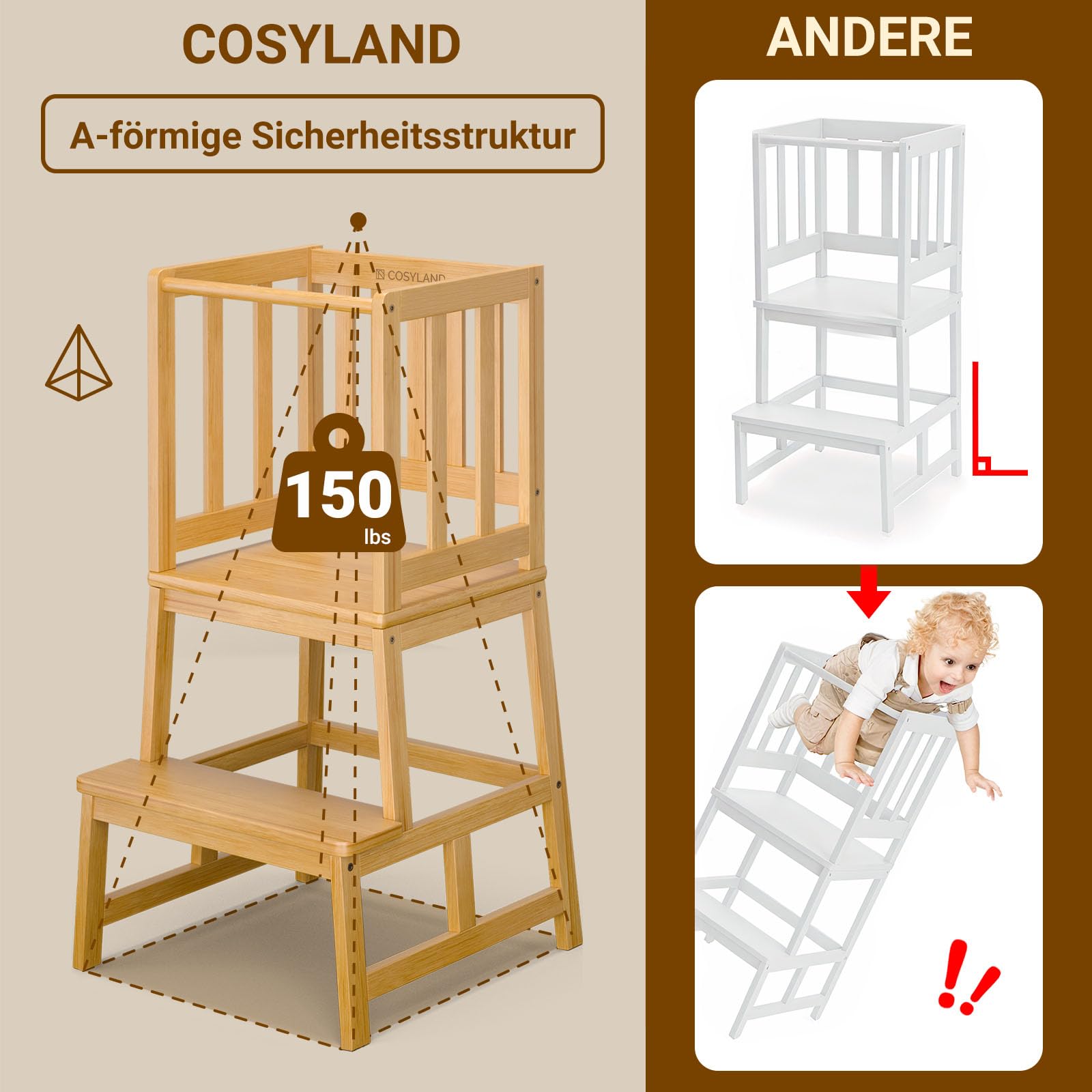 COSYLAND Lernturm ab 1 Jahr – Montessori Learning Tower für Kinder – Sicherer Kinder Lernturm ab 2 Jahre – Stabiler Toddler Tower, Naturfarbe