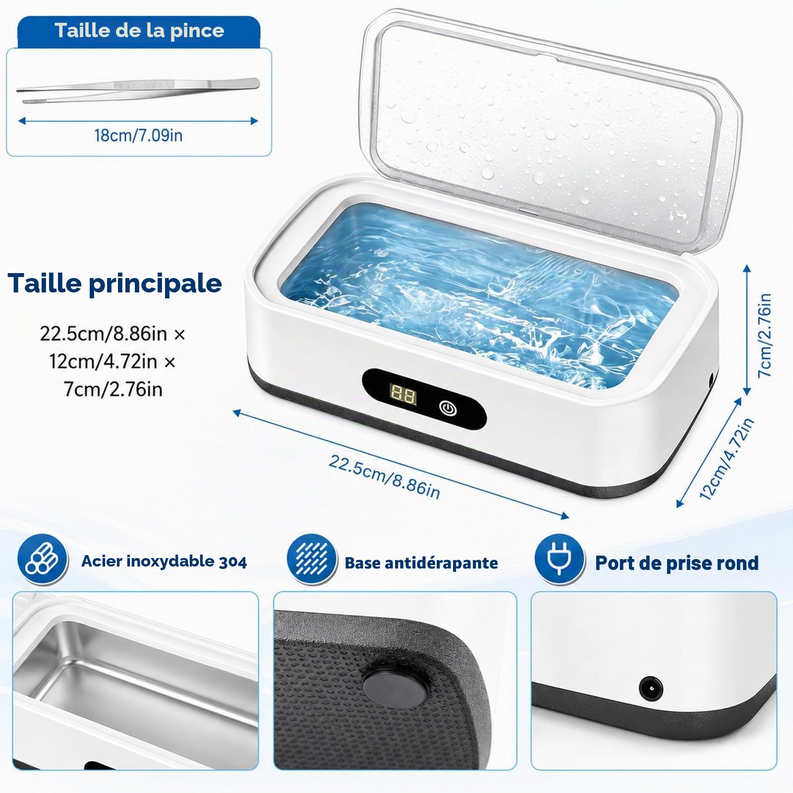 Nettoyeur Ultrasons Lunettes 650ML, Bac Ultrasons 49KHz Inox 304 | Design compact idéal à la maison ou au bureau pour garder vos lunettes et objets précieux propres.