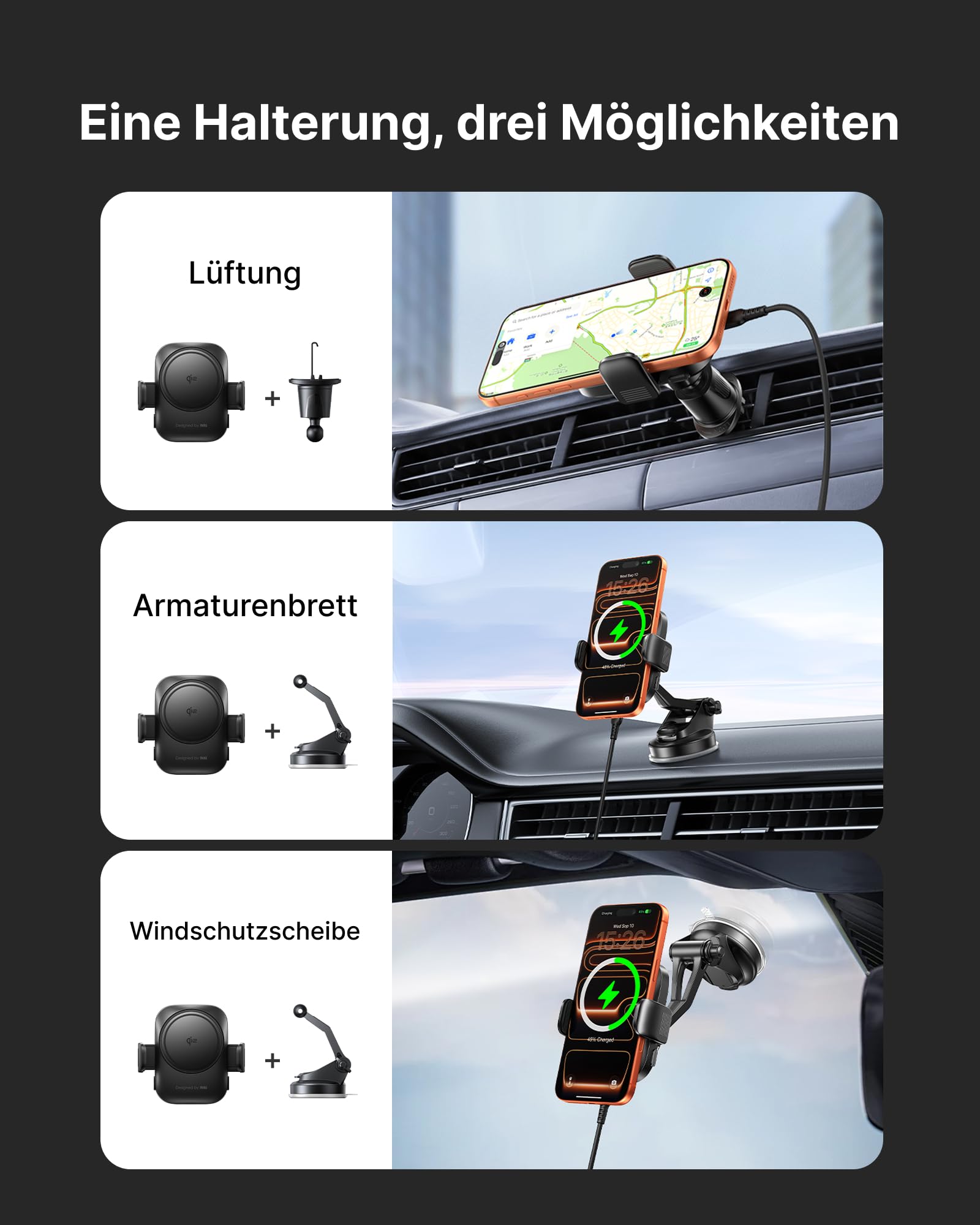 INIU Cargador Inalámbrico Coche, Soporte Movil Coche Cargador para Ventilación & Salpicadero, Qi2 15W Cargador Inalambrico Coche Magnética para iPhone 17 16 15 14 13 12 Pro MAX Air etc.