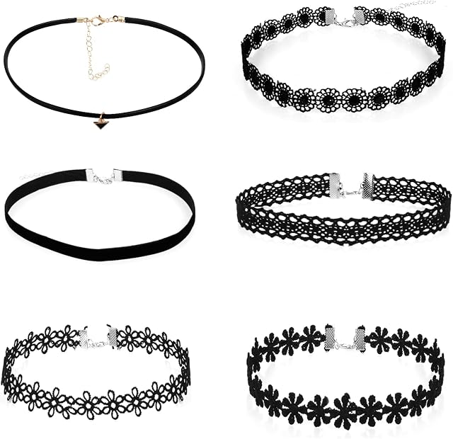Yolev 6 Pieces Black Lace Choker Necklace Set Velvet Choker Classic Choker Necklace Layered Black Chokers Necklaces Cute Jewelry Women Girl Gift Pack