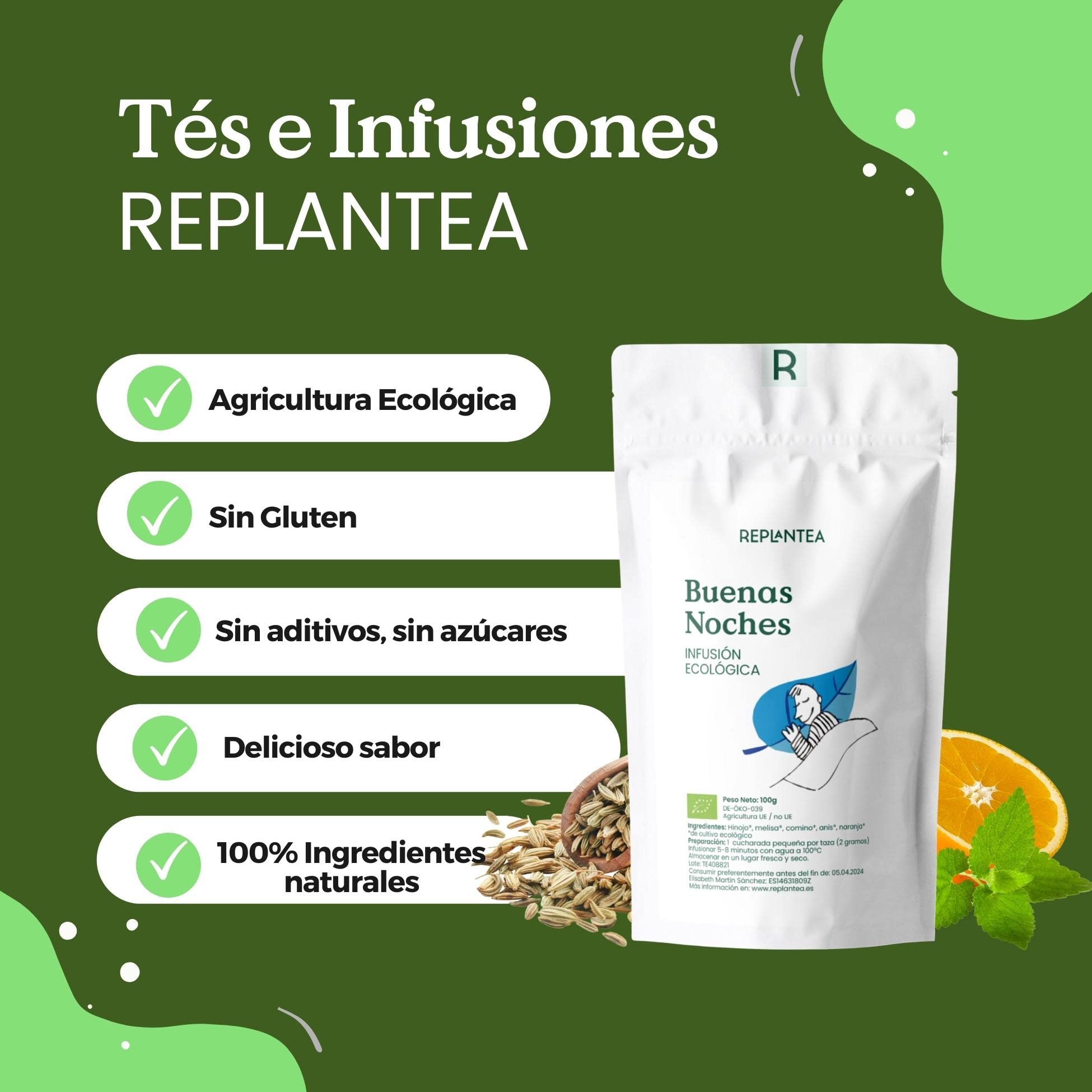 INFUSION PARA DORMIR Buenas Noches 100% Ecológica 100g (50 Tazas) | INFUSION DE MELISA con Hinojo, Anís, Naranja Orgánicos REPLANTEA®
