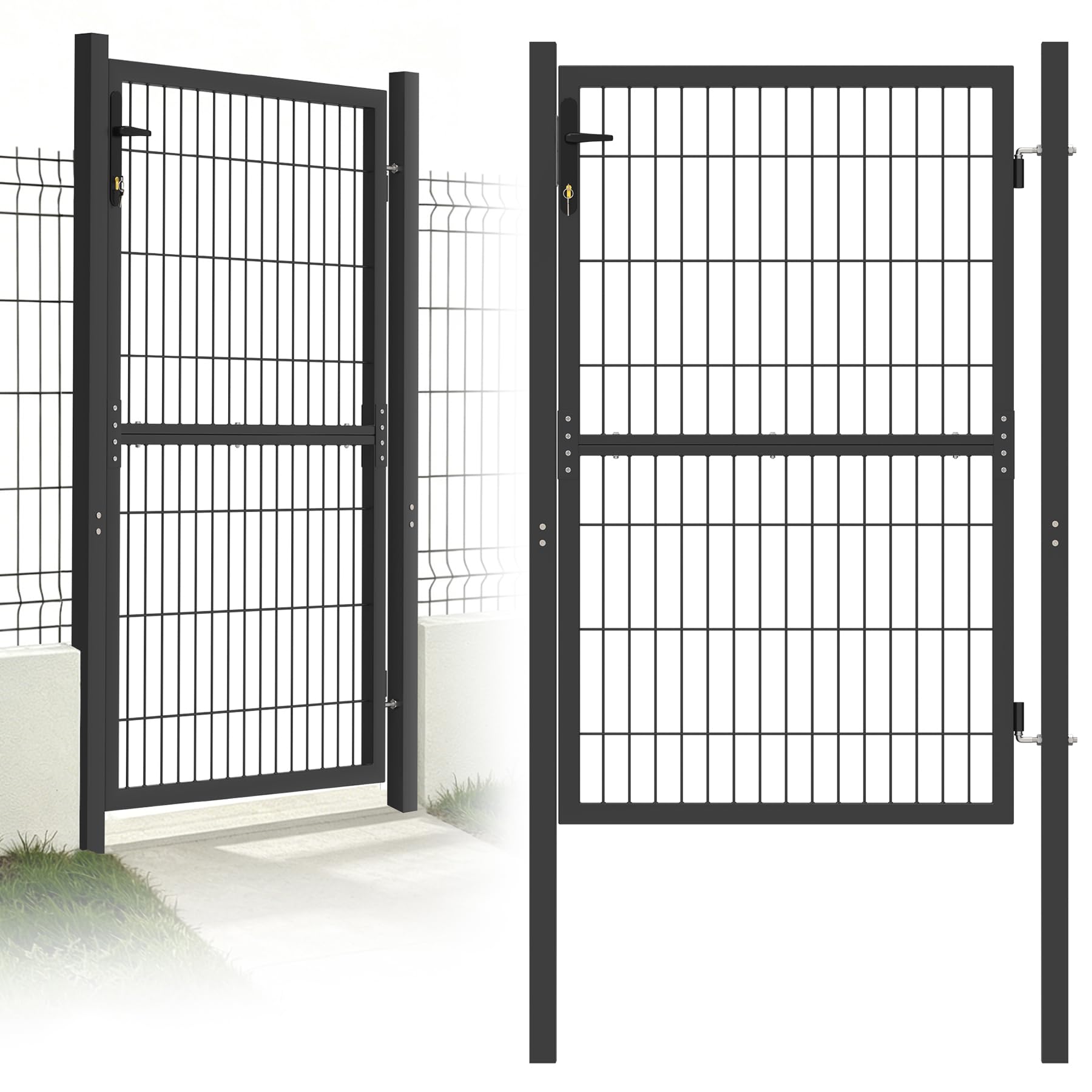 Froadp 100x150cm Puertas Batientes para de Puerta de Jardín de Malla Corrugada Única Galvanizada con Poste de Puerta Manijas de Plástico y Cerradura de Embutir para Puerta de Patio (Antracita)