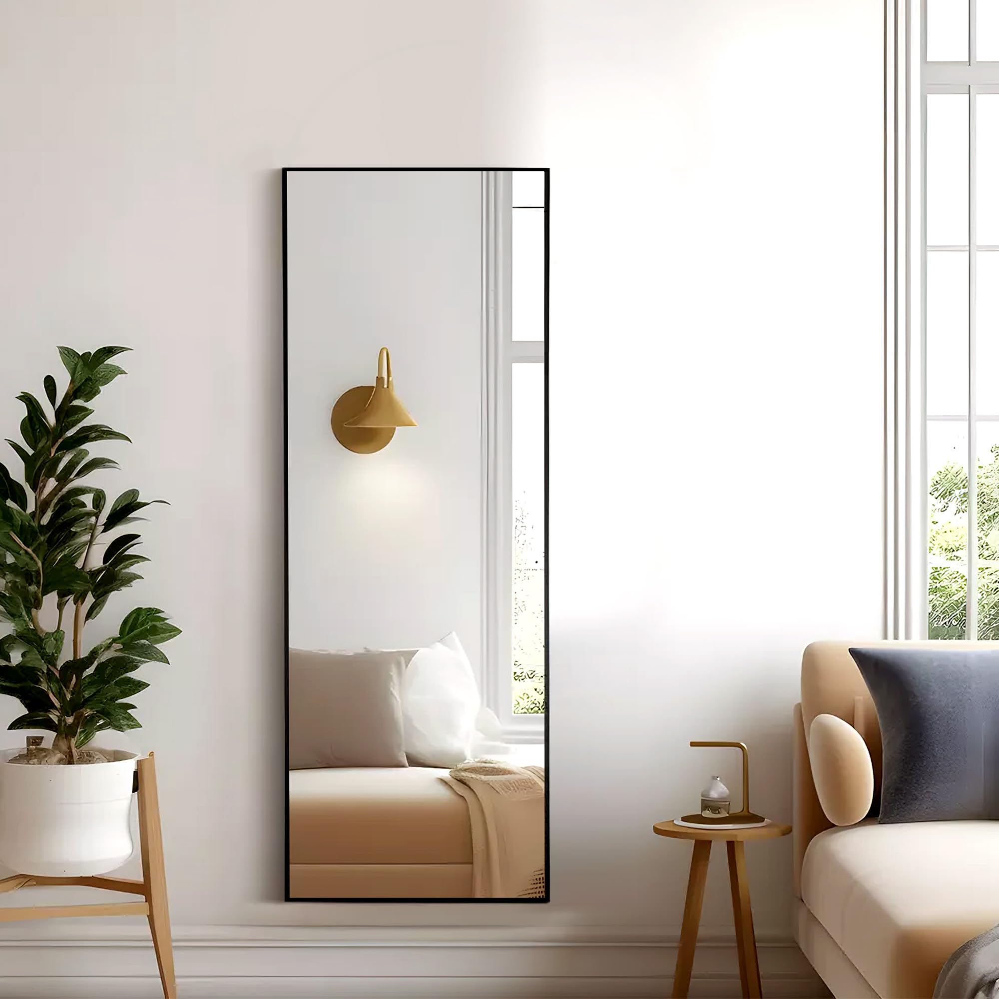 HORLIMER Lustro Ścienne 140x51cm, Lustro Stojące z Czarną Ramą