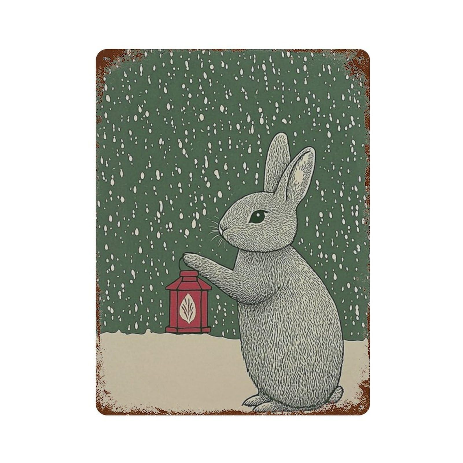 xiaoxiaoshen Rabbit Lantern Folk Animal Winter Woodland Minimal Nature Work Wall Decor Art Metal Tin Poster Modern Home Decor Art Home Bar Shop Decorations Vintage Sign 40x30cm