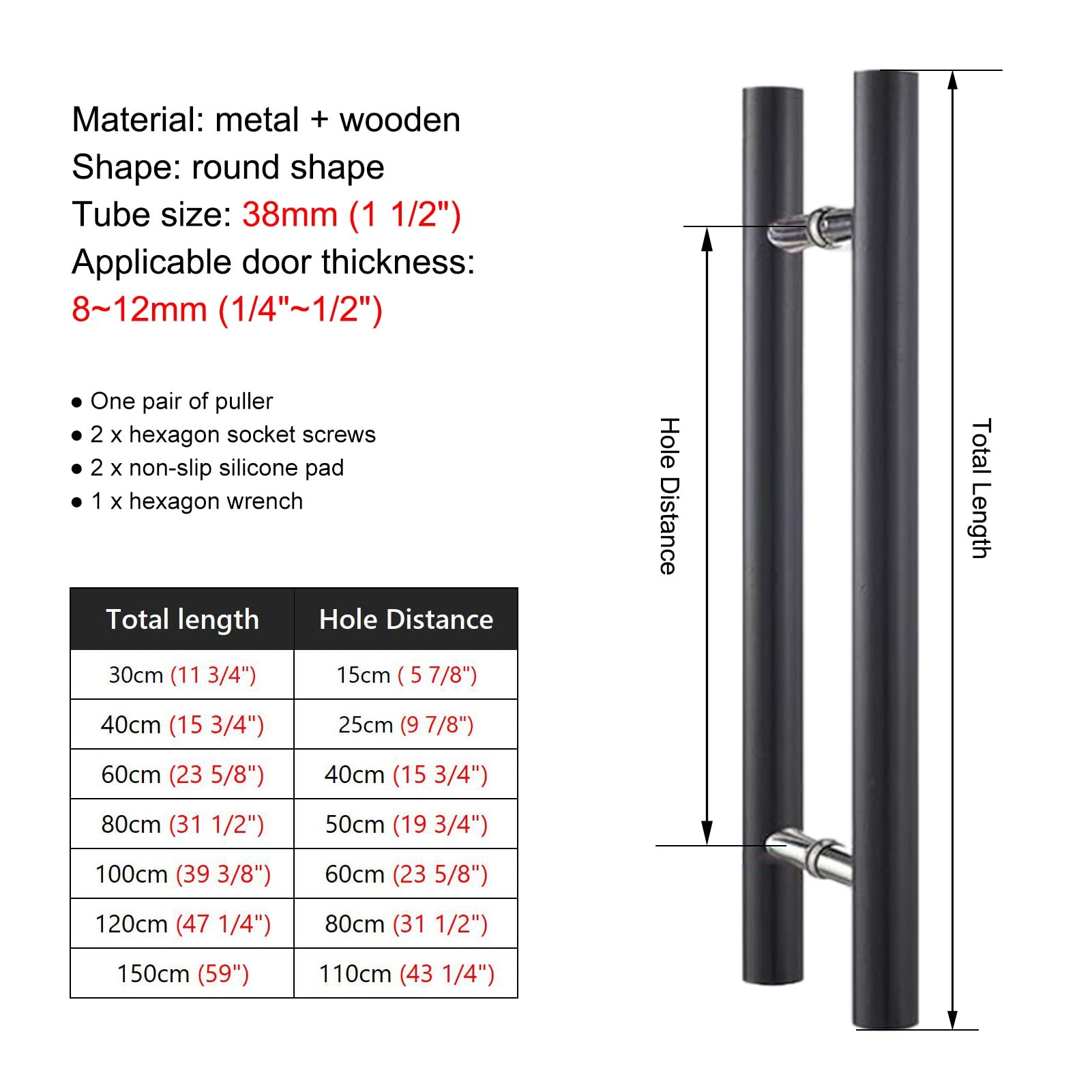 Manijas para Puertas de Granero para Puerta de Madera, manija de Puerta de Vidrio de Alta Resistencia, manija de Puerta de Madera Maciza con Tornillos de Montaje (Color: Negro, tamaño: 60 cm